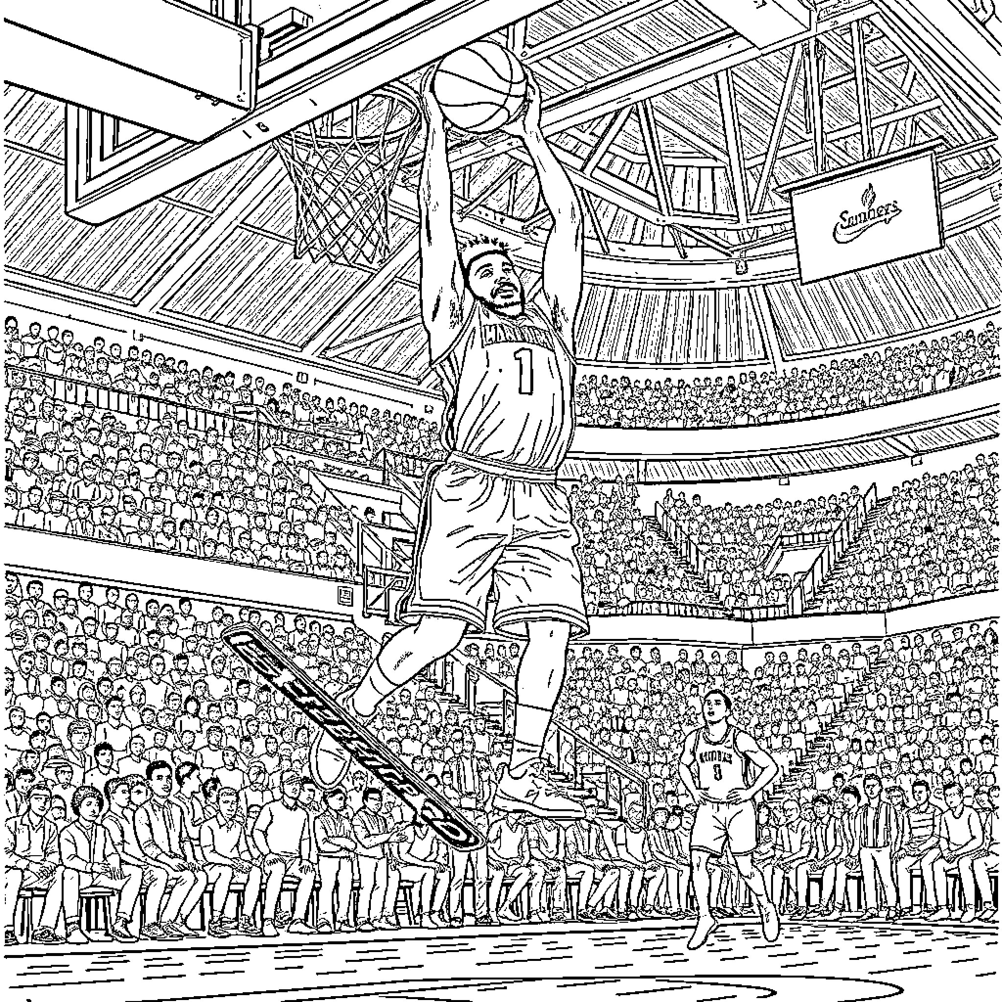 Kendrick Nunn Soaring Slam Dunk in Basketball Arena Coloring Page (free black-and-white line drawing printable PDF for all, from beginners to advanced learners, including children, teens, adults, and seniors)