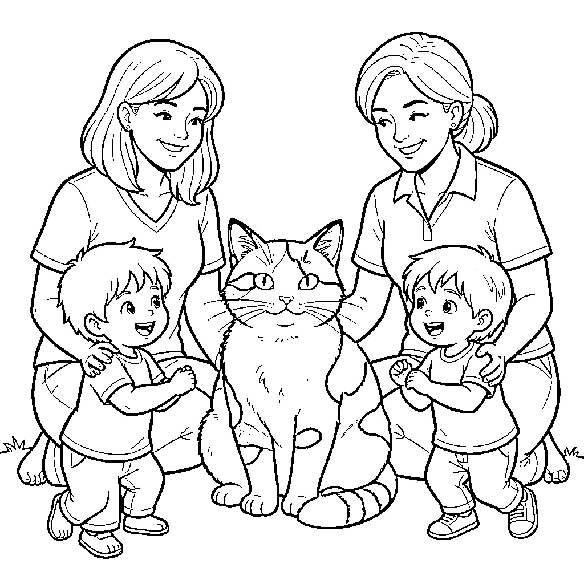 Cat with Family in Happy Gathering Coloring Page (free black-and-white line drawing printable PDF for all, from beginners to advanced learners, including children, teens, adults, and seniors)