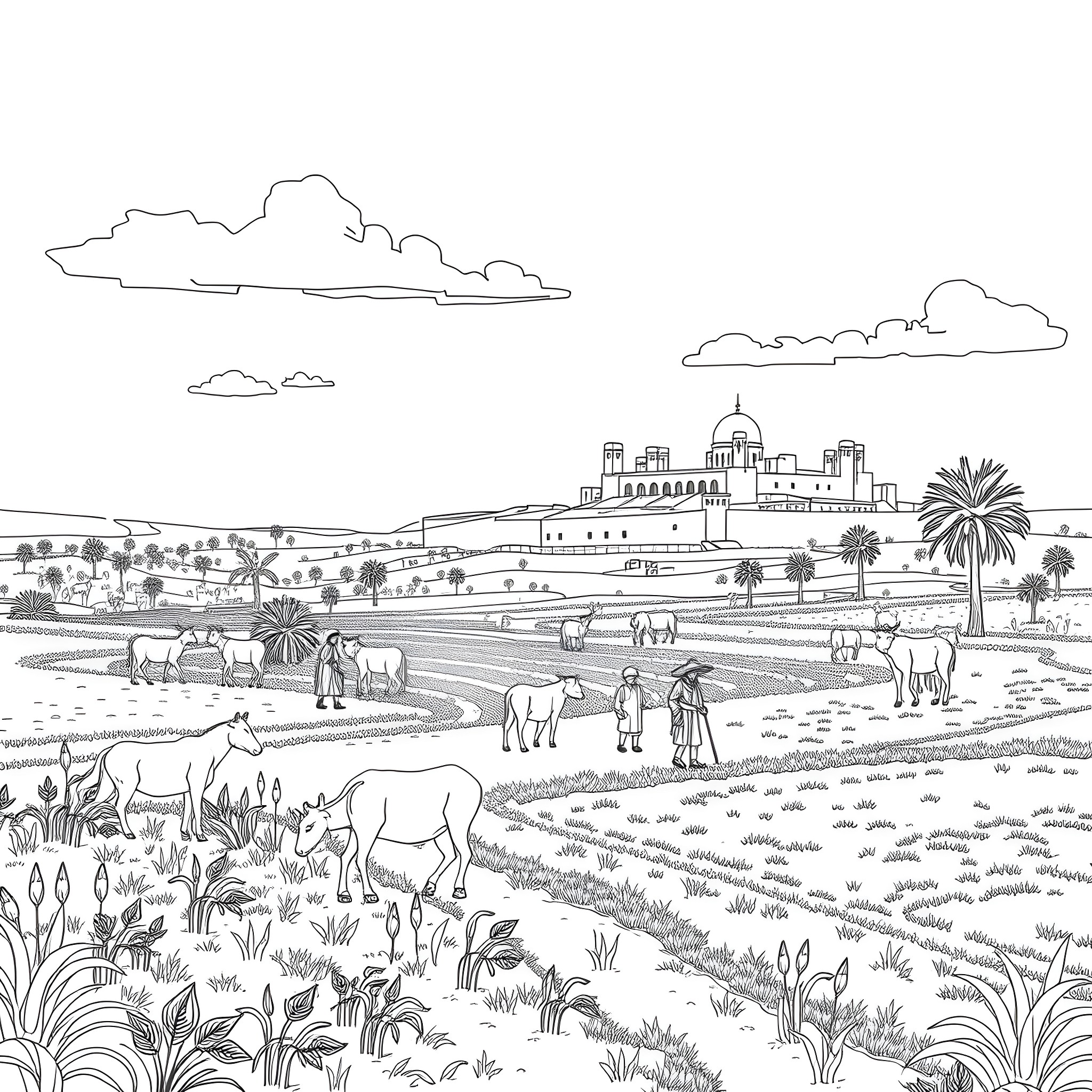 Farm scene with animals and people in the countryside Coloring Page (free black-and-white line drawing printable PDF for all, from beginners to advanced learners, including children, teens, adults, and seniors)