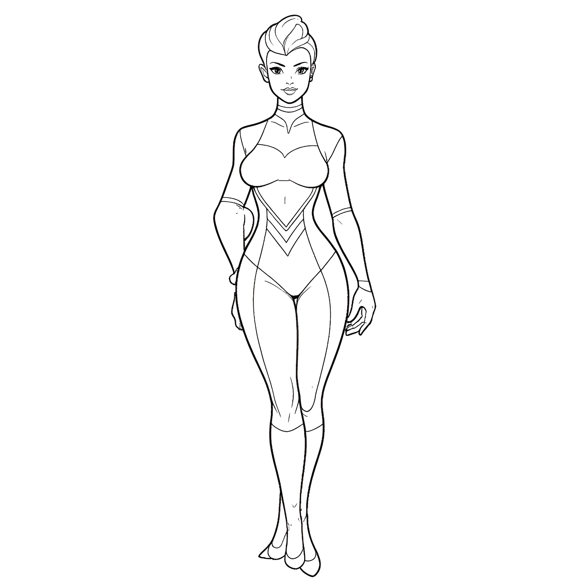 Seven of Nine in futuristic bodysuit Coloring Page (free black-and-white line drawing printable PDF for all, from beginners to advanced learners, including children, teens, adults, and seniors)