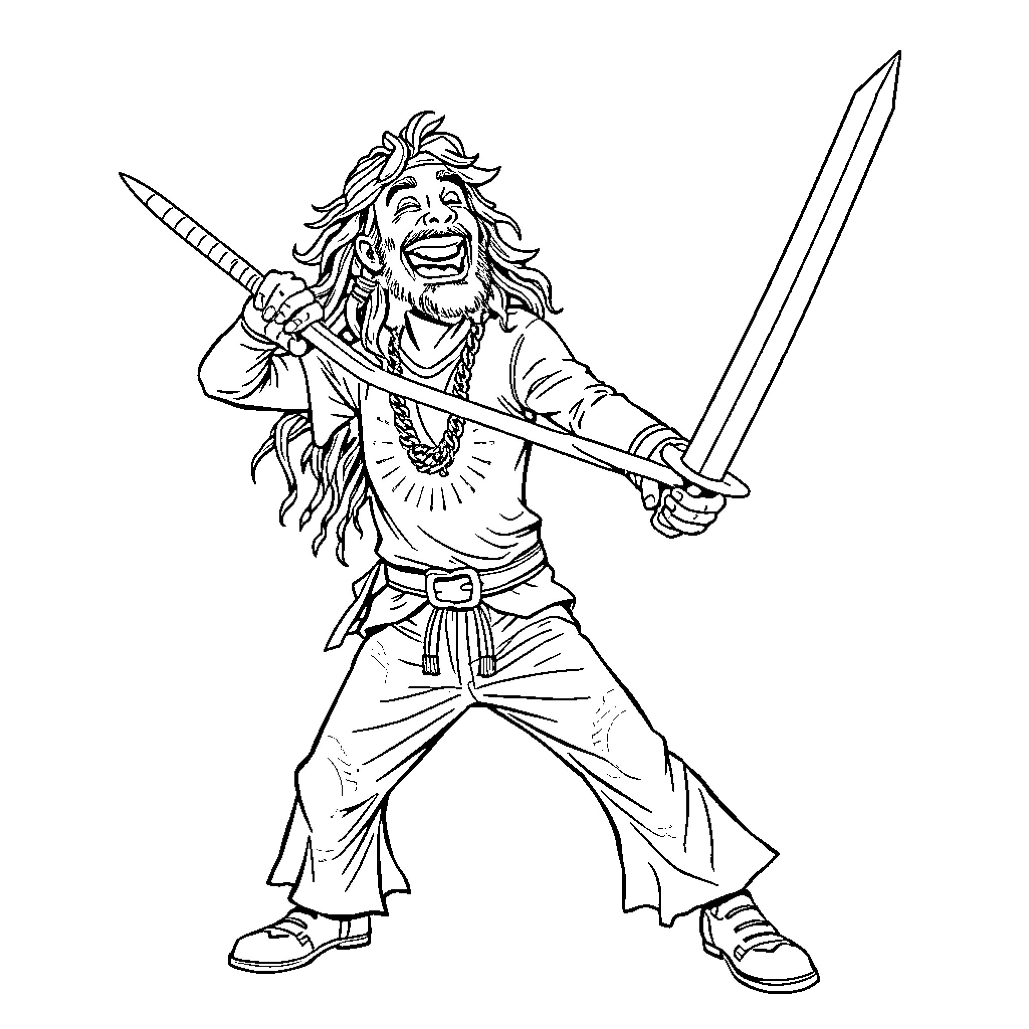 Hippy warrior wielding sword in action pose Coloring Page (free black-and-white line drawing printable PDF for all, from beginners to advanced learners, including children, teens, adults, and seniors)