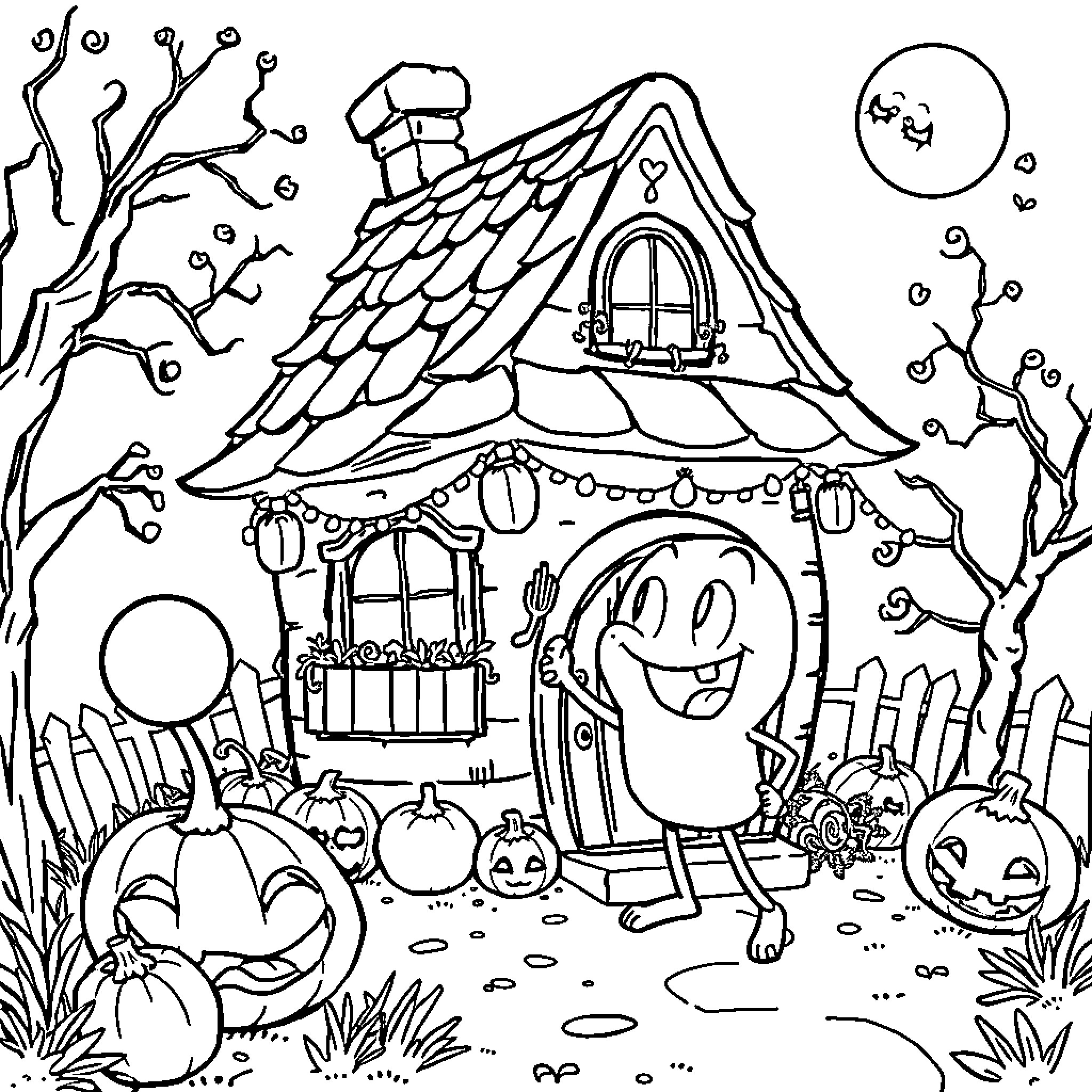 Spongebob's Spooky Halloween Adventure Coloring Page (free black-and-white line drawing printable PDF for all, from beginners to advanced learners, including children, teens, adults, and seniors)