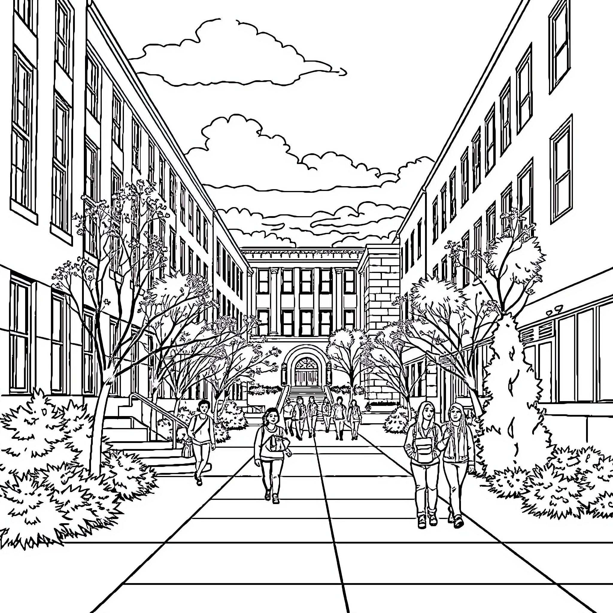 Uconn campus scene with students walking by Coloring Page (free black-and-white line drawing printable PDF for all, from beginners to advanced learners, including children, teens, adults, and seniors)