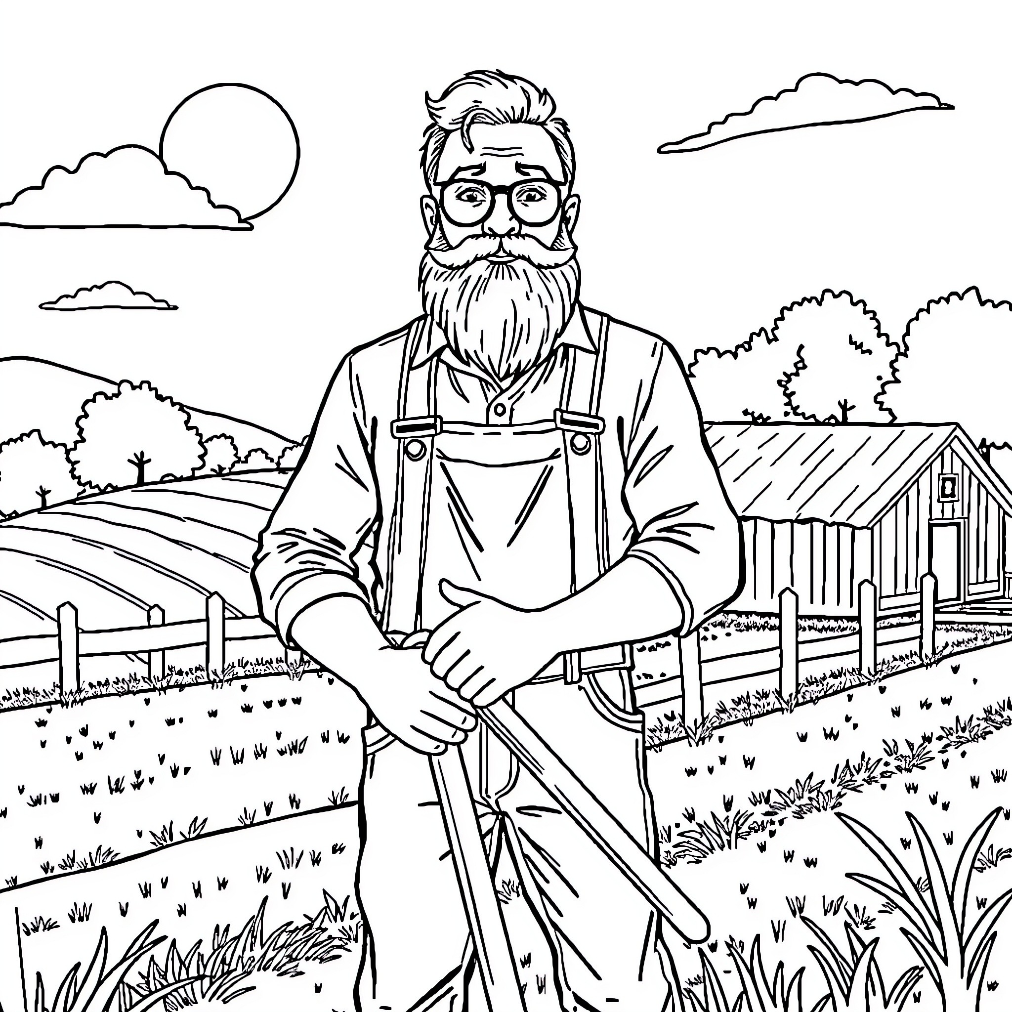 Man working diligently on his farm with tools Coloring Page (free black-and-white line drawing printable PDF for all, from beginners to advanced learners, including children, teens, adults, and seniors)