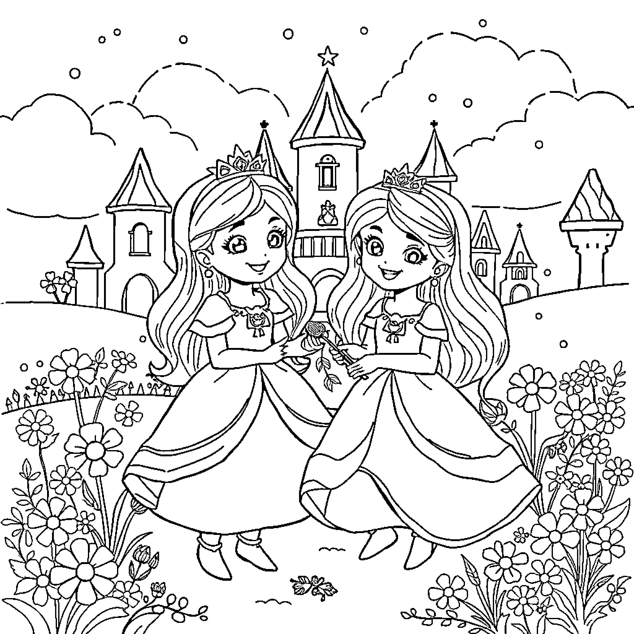 Princesses in a Magical Kingdom Coloring Page (free black-and-white line drawing printable PDF for all, from beginners to advanced learners, including children, teens, adults, and seniors)