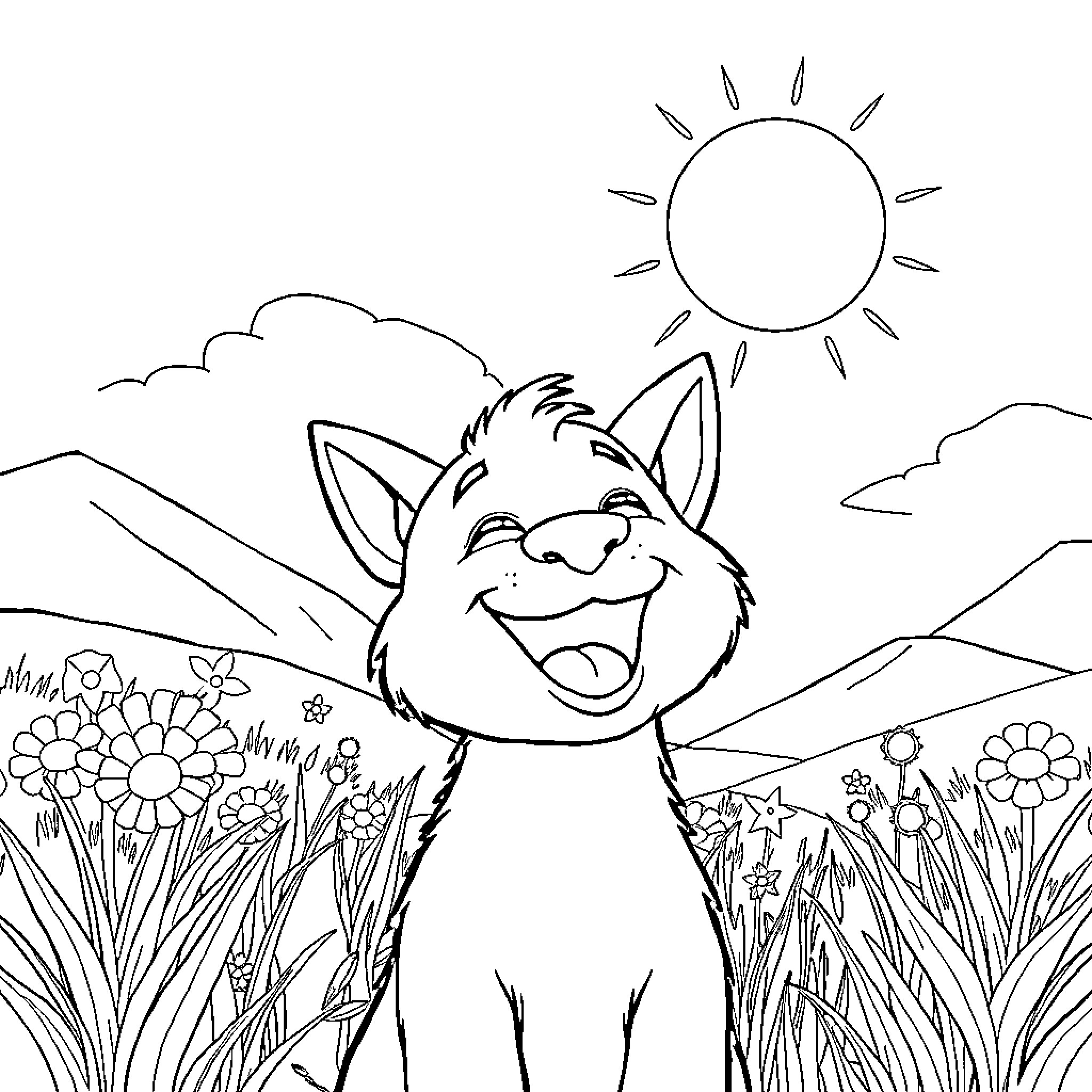 Zizi the cheerful cat in a sunny meadow Coloring Page (free black-and-white line drawing printable PDF for all, from beginners to advanced learners, including children, teens, adults, and seniors)