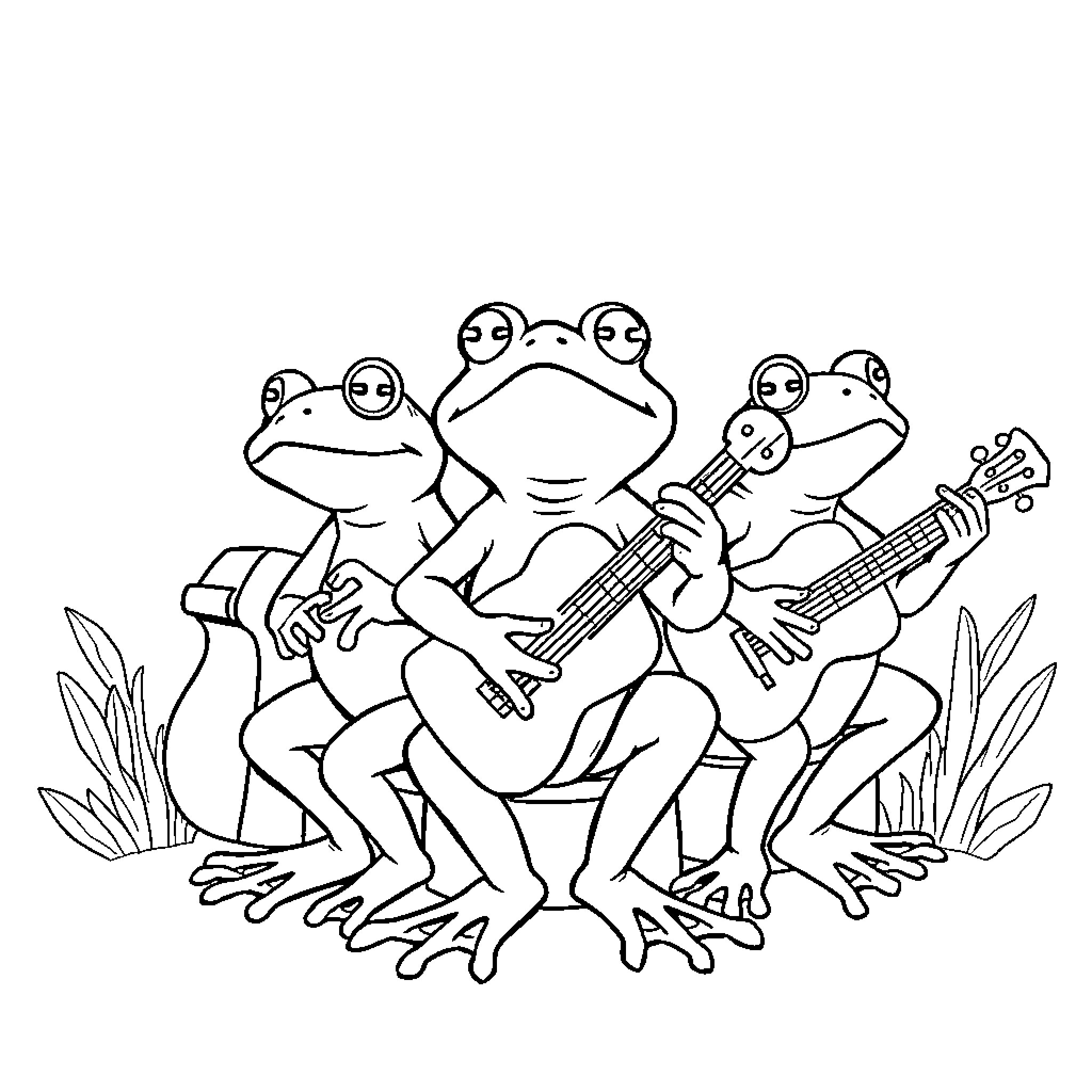Frog band performing with musical instruments Coloring Page (free black-and-white line drawing printable PDF for all, from beginners to advanced learners, including children, teens, adults, and seniors)