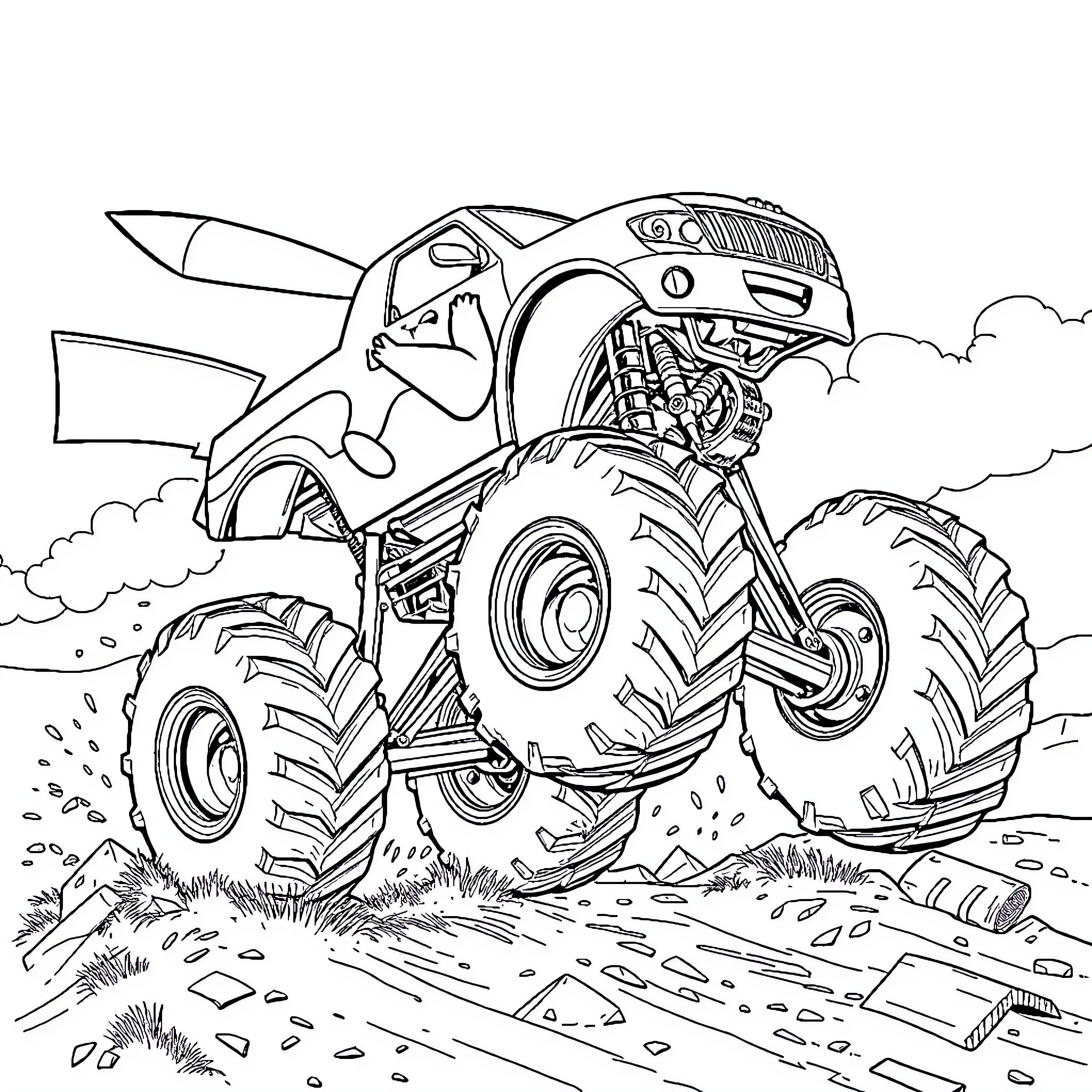 Monster Truck crushing through the muddy terrain Coloring Page (free black-and-white line drawing printable PDF for all, from beginners to advanced learners, including children, teens, adults, and seniors)