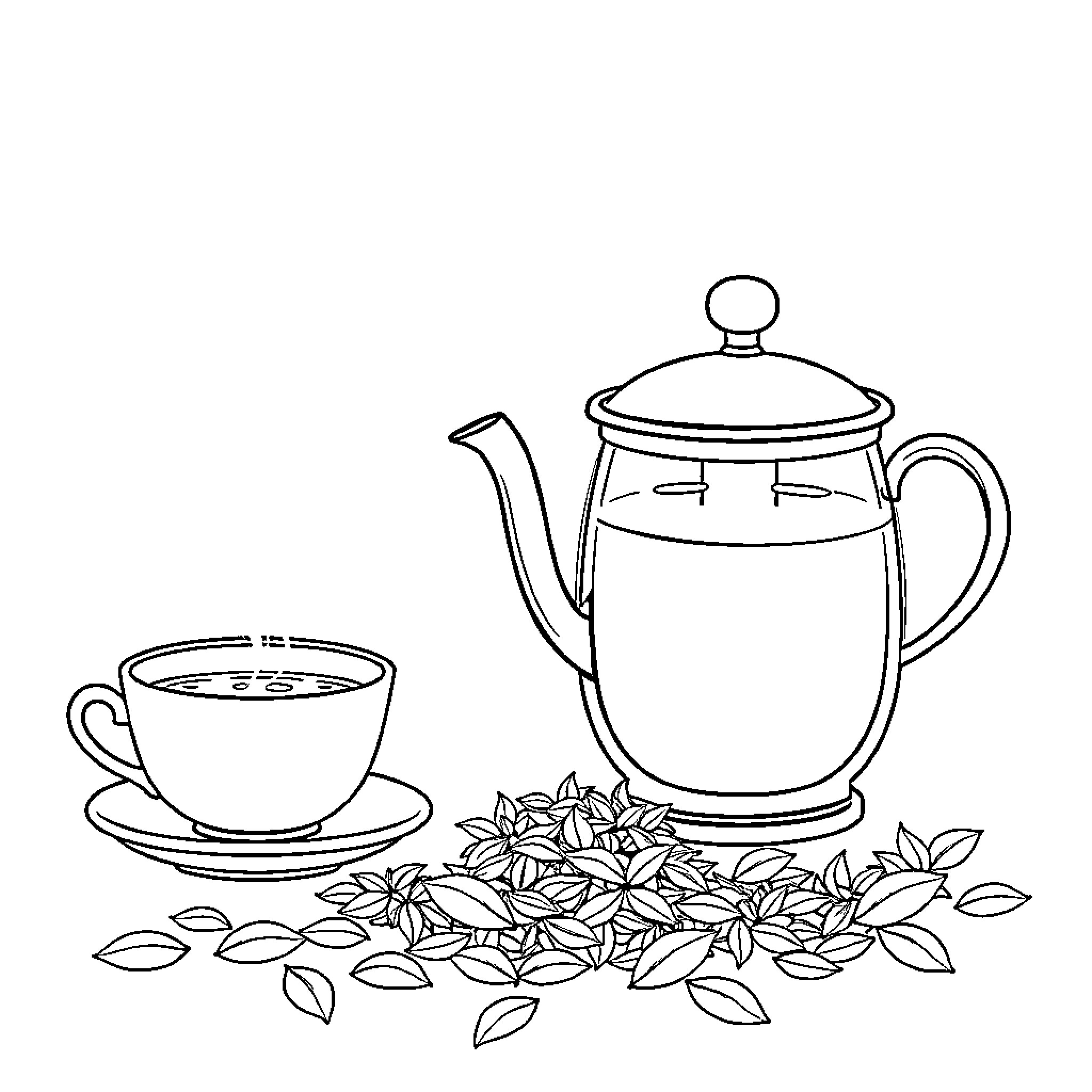 Tea time with brewing teapot and cup Coloring Page (free black-and-white line drawing printable PDF for all, from beginners to advanced learners, including children, teens, adults, and seniors)