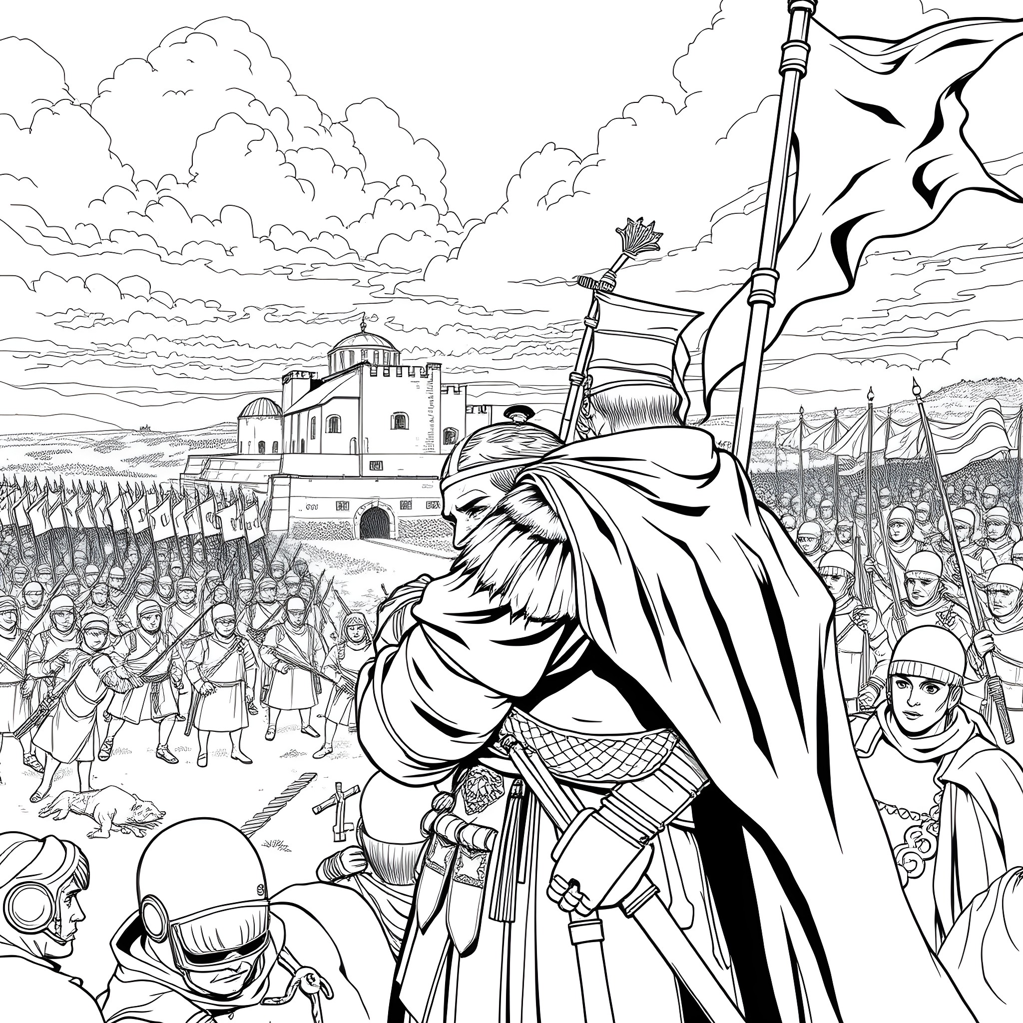 General battle scene with soldiers and castle in the background Coloring Page (free black-and-white line drawing printable PDF for all, from beginners to advanced learners, including children, teens, adults, and seniors)