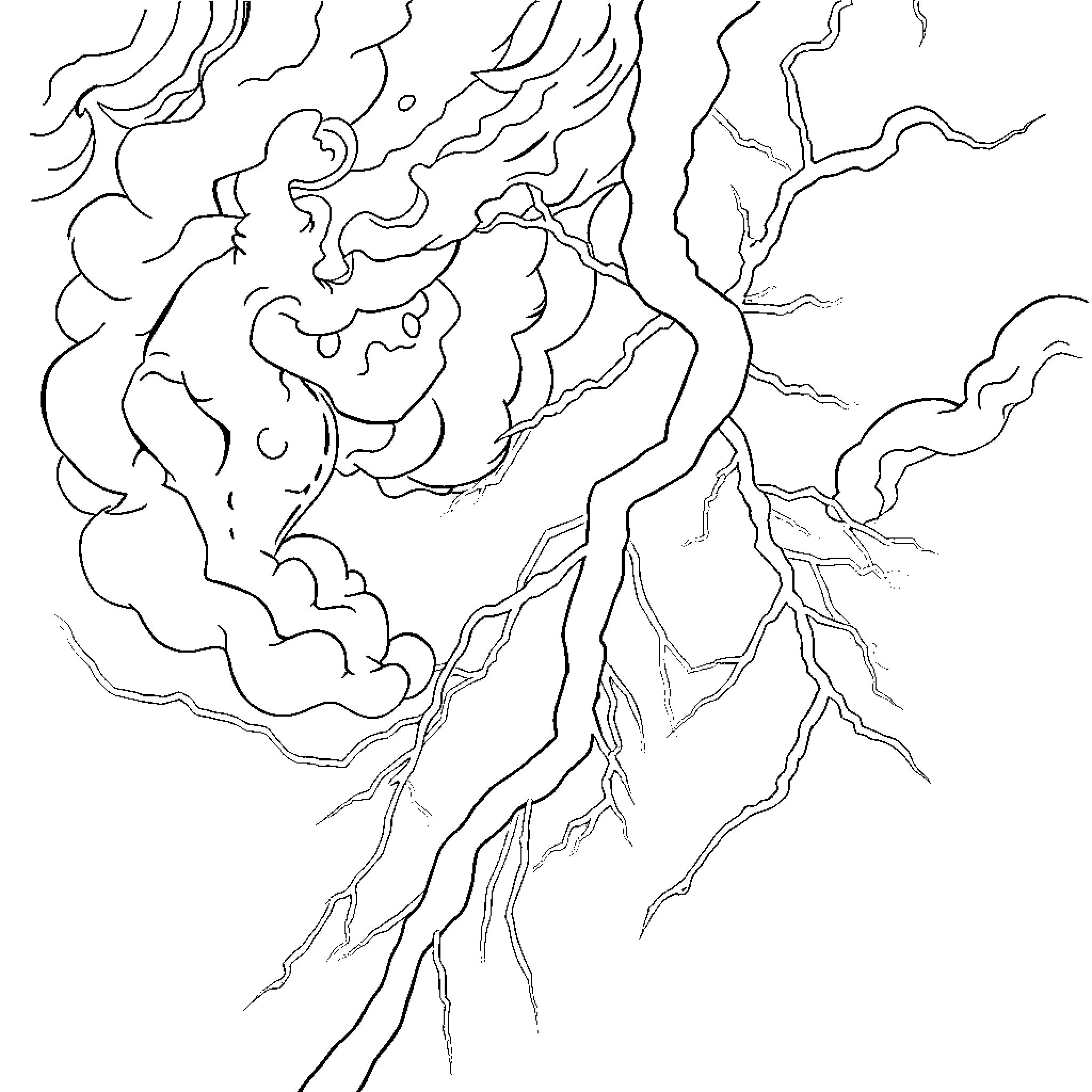 Rayo Macuin: Powerful Lightning Strikes Amid Stormy Skies Coloring Page (free black-and-white line drawing printable PDF for all, from beginners to advanced learners, including children, teens, adults, and seniors)