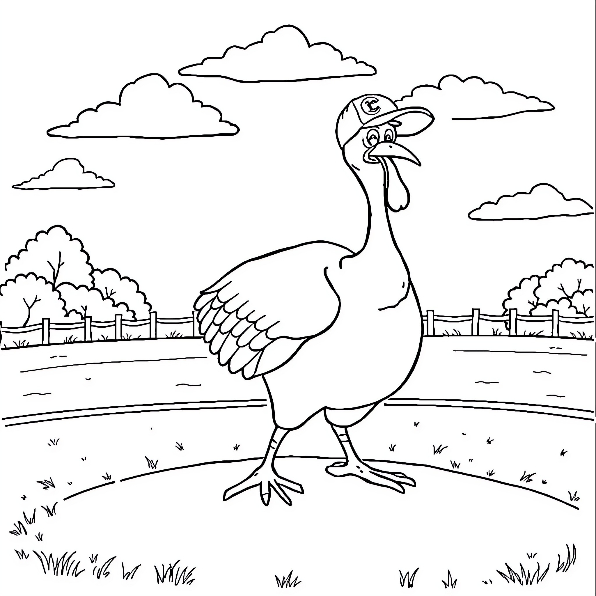 Turkey strutting in the countryside Coloring Page (free black-and-white line drawing printable PDF for all, from beginners to advanced learners, including children, teens, adults, and seniors)