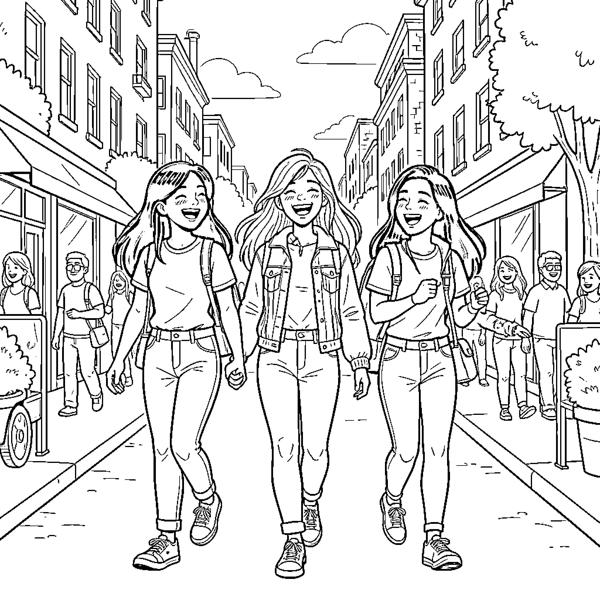 Friend's Joyful Stroll Down City Street Coloring Page (free black-and-white line drawing printable PDF for all, from beginners to advanced learners, including children, teens, adults, and seniors)