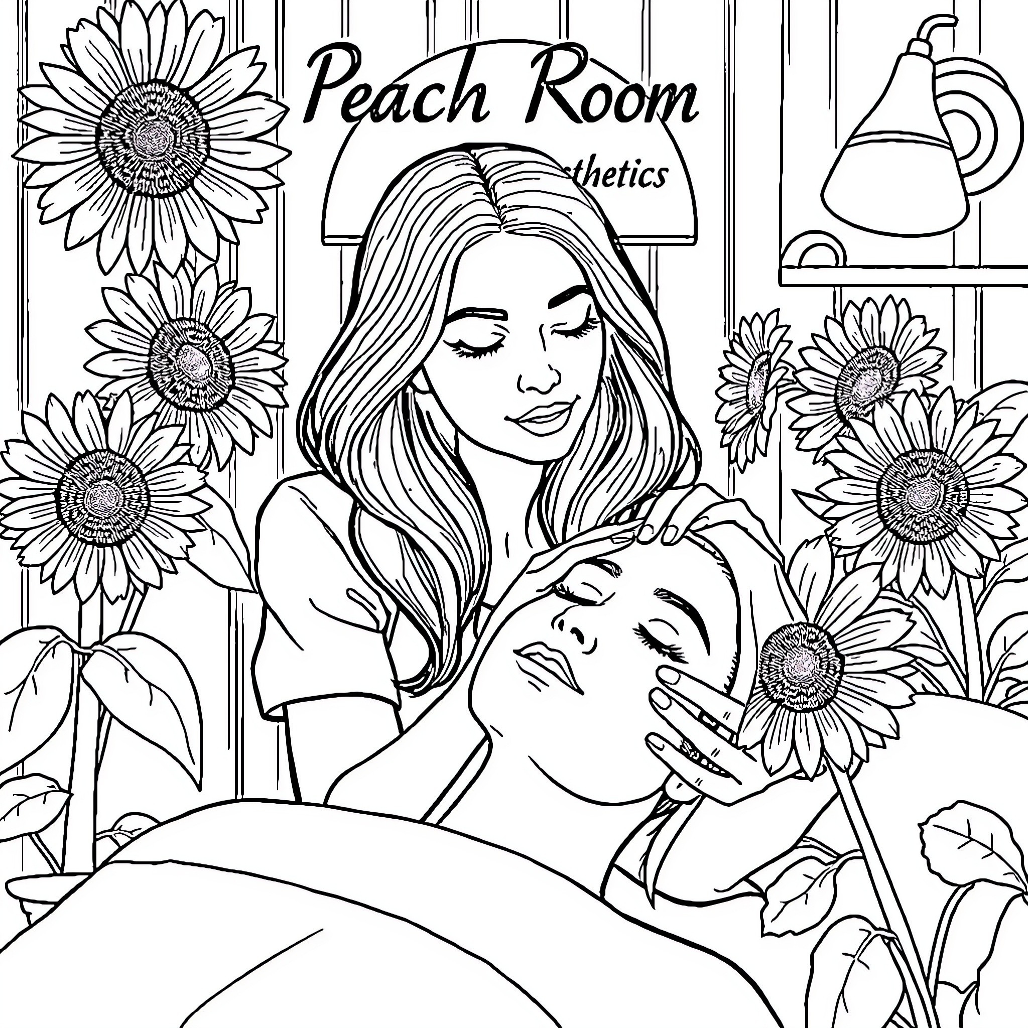 Woman receiving skincare treatment at peach room Coloring Page (free black-and-white line drawing printable PDF for all, from beginners to advanced learners, including children, teens, adults, and seniors)