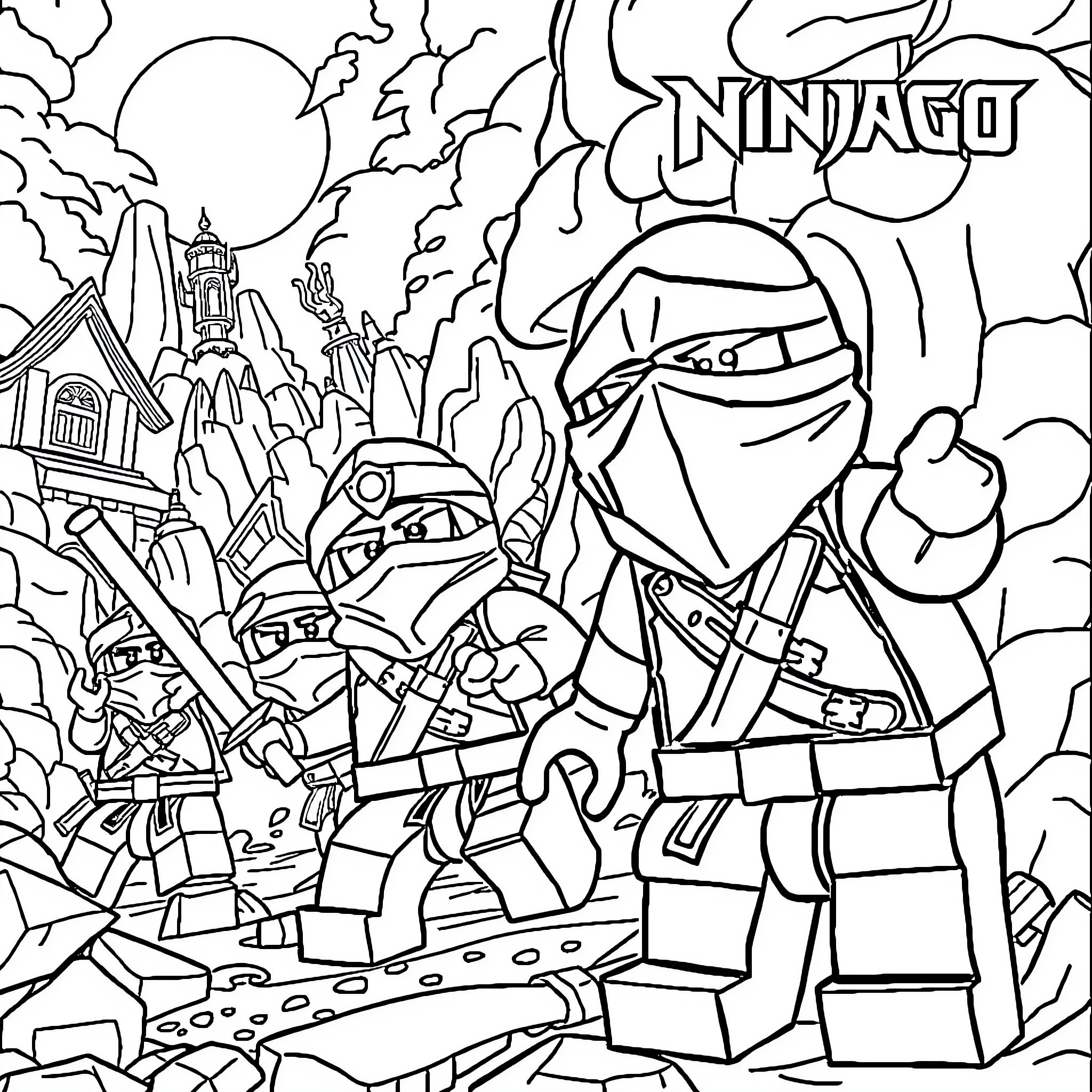 Ninjago ninja warriors in an epic battle scene Coloring Page (free black-and-white line drawing printable PDF for all, from beginners to advanced learners, including children, teens, adults, and seniors)