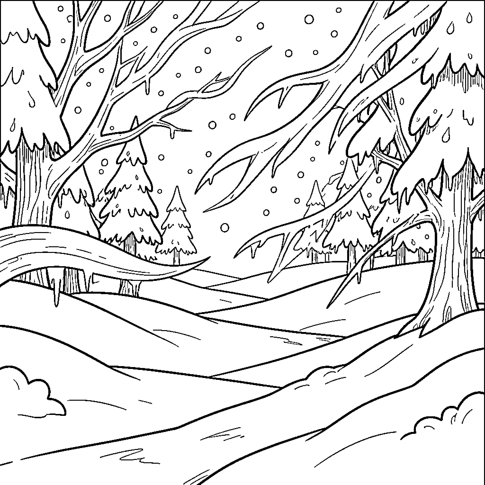 Winter snow falling over a frozen forest landscape Coloring Page (free black-and-white line drawing printable PDF for all, from beginners to advanced learners, including children, teens, adults, and seniors)
