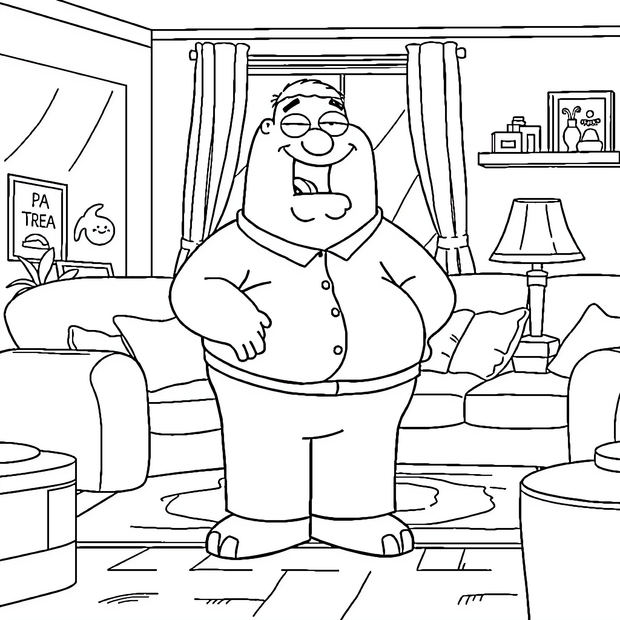 Peter Griffin relaxing in his living room Coloring Page (free black-and-white line drawing printable PDF for all, from beginners to advanced learners, including children, teens, adults, and seniors)