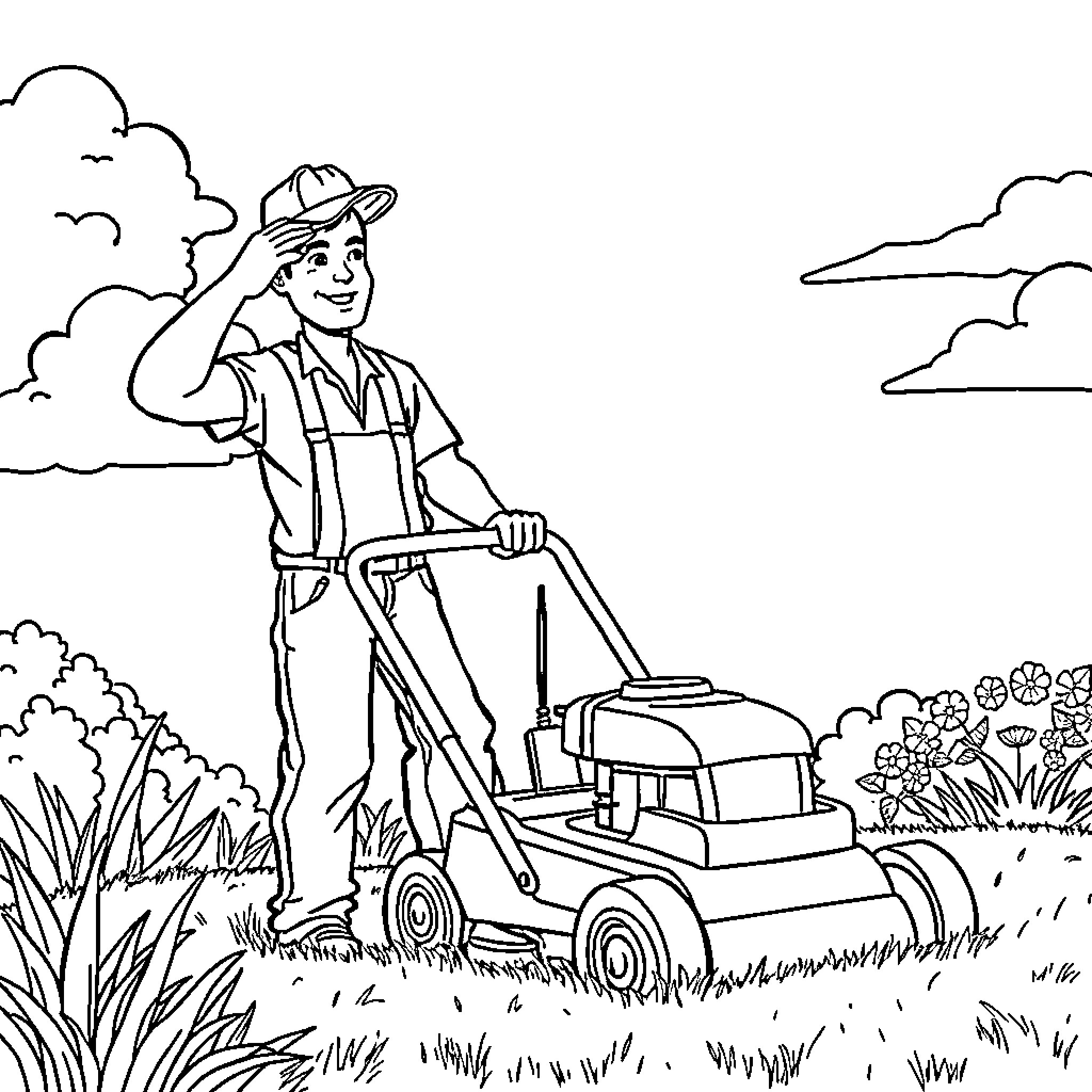 Landscaper mowing a grassy yard with a lawnmower Coloring Page (free black-and-white line drawing printable PDF for all, from beginners to advanced learners, including children, teens, adults, and seniors)