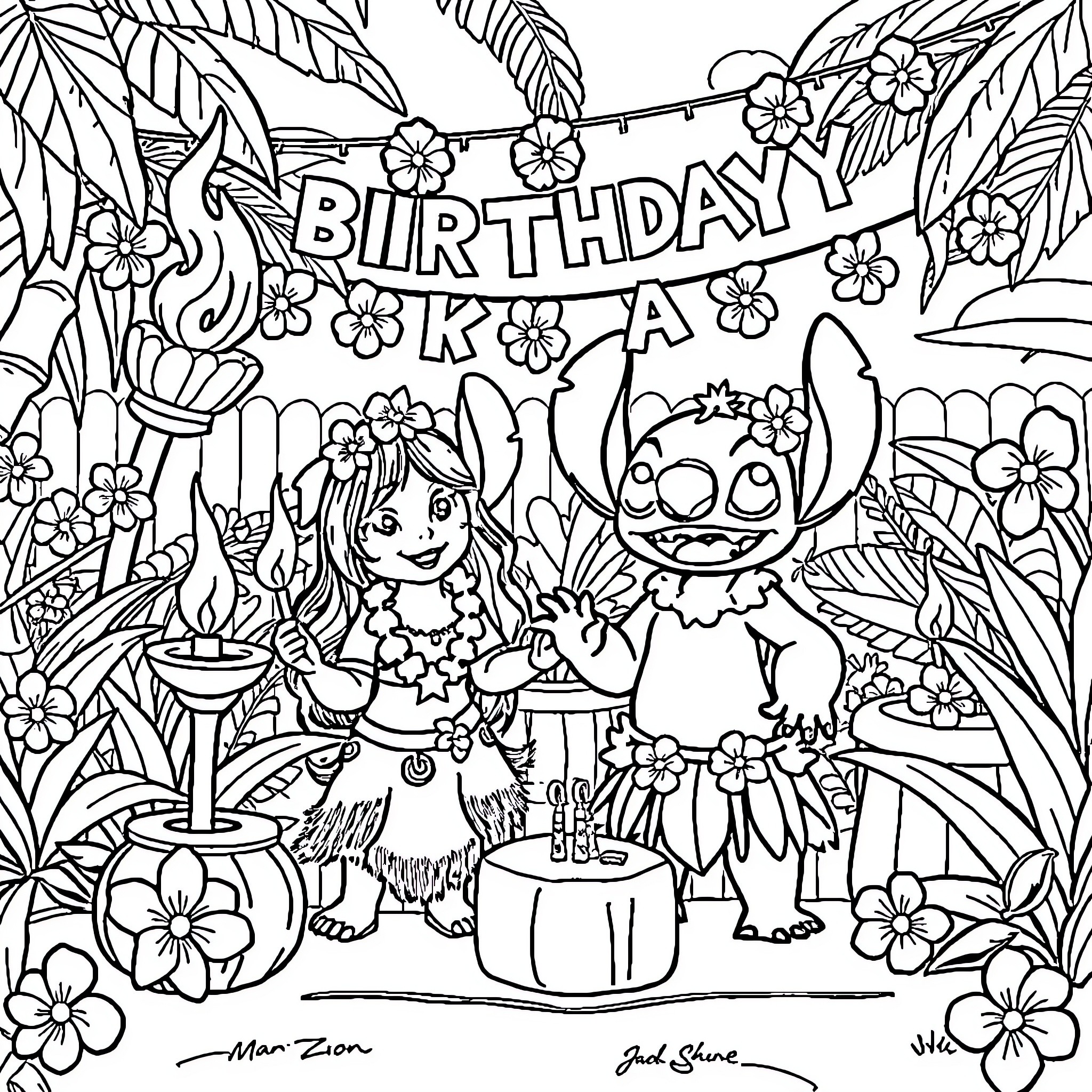 Lilo and Stitch's Tropical Birthday Celebration Coloring Page (free black-and-white line drawing printable PDF for all, from beginners to advanced learners, including children, teens, adults, and seniors)