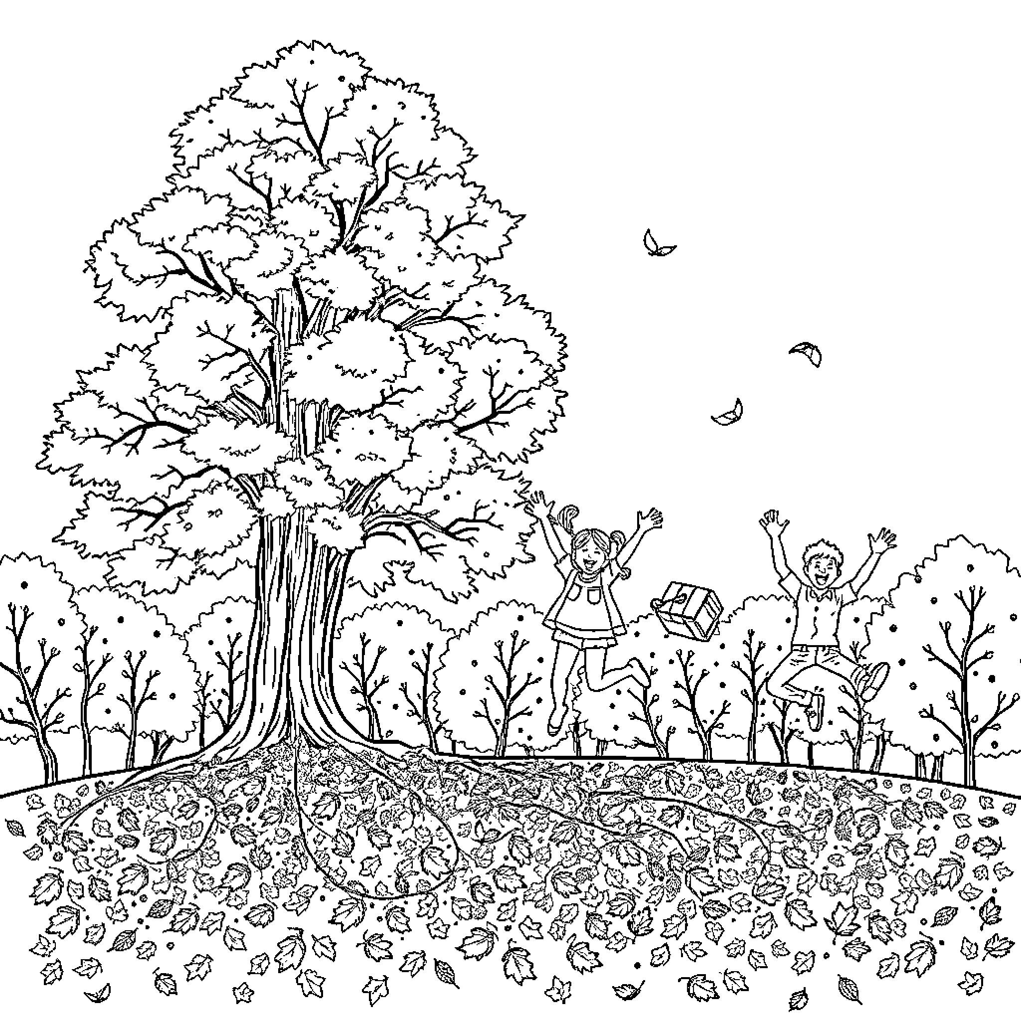 Tree Wonderland with Joyful Children Coloring Page (free black-and-white line drawing printable PDF for all, from beginners to advanced learners, including children, teens, adults, and seniors)