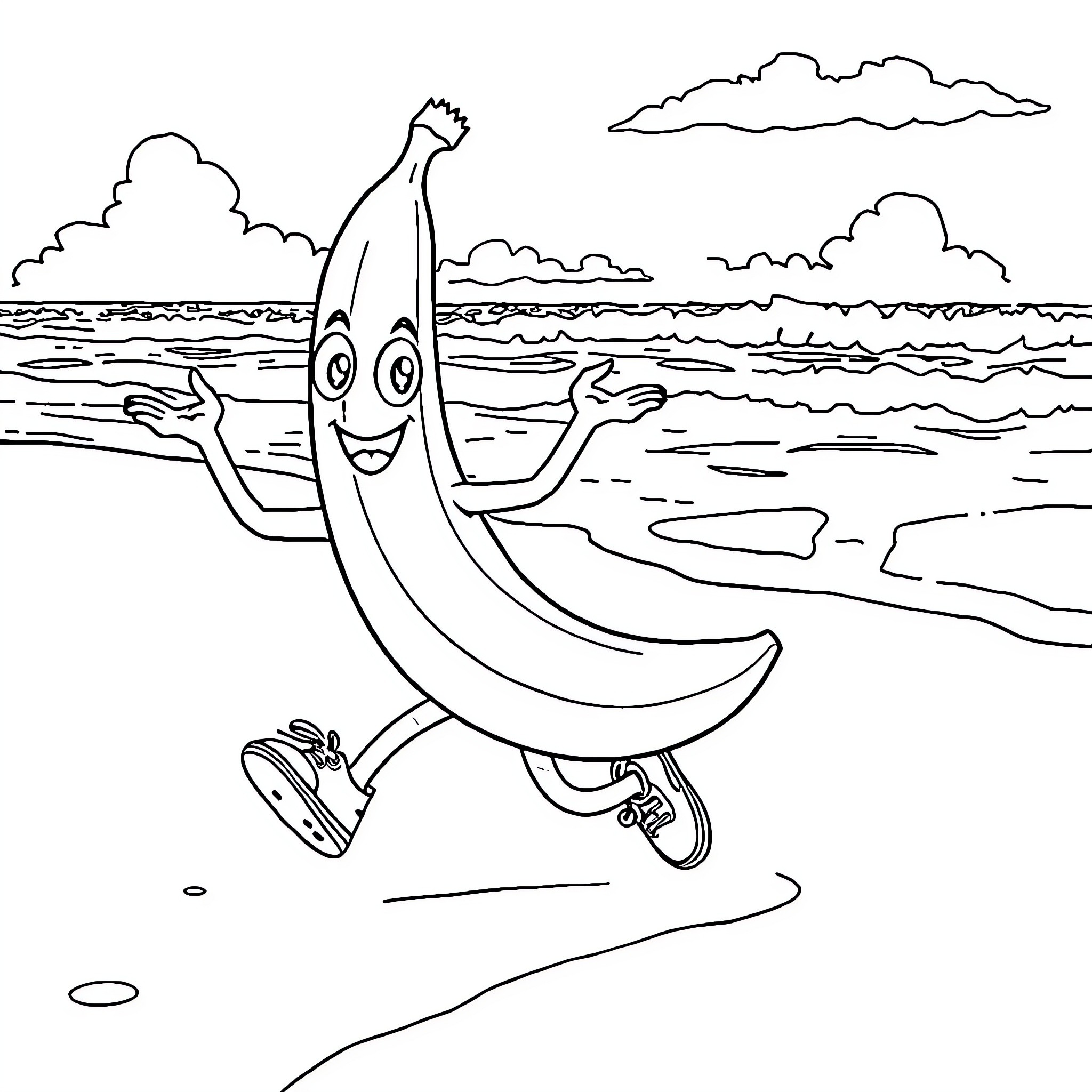 Banana enjoying a day at the beach Coloring Page (free black-and-white line drawing printable PDF for all, from beginners to advanced learners, including children, teens, adults, and seniors)