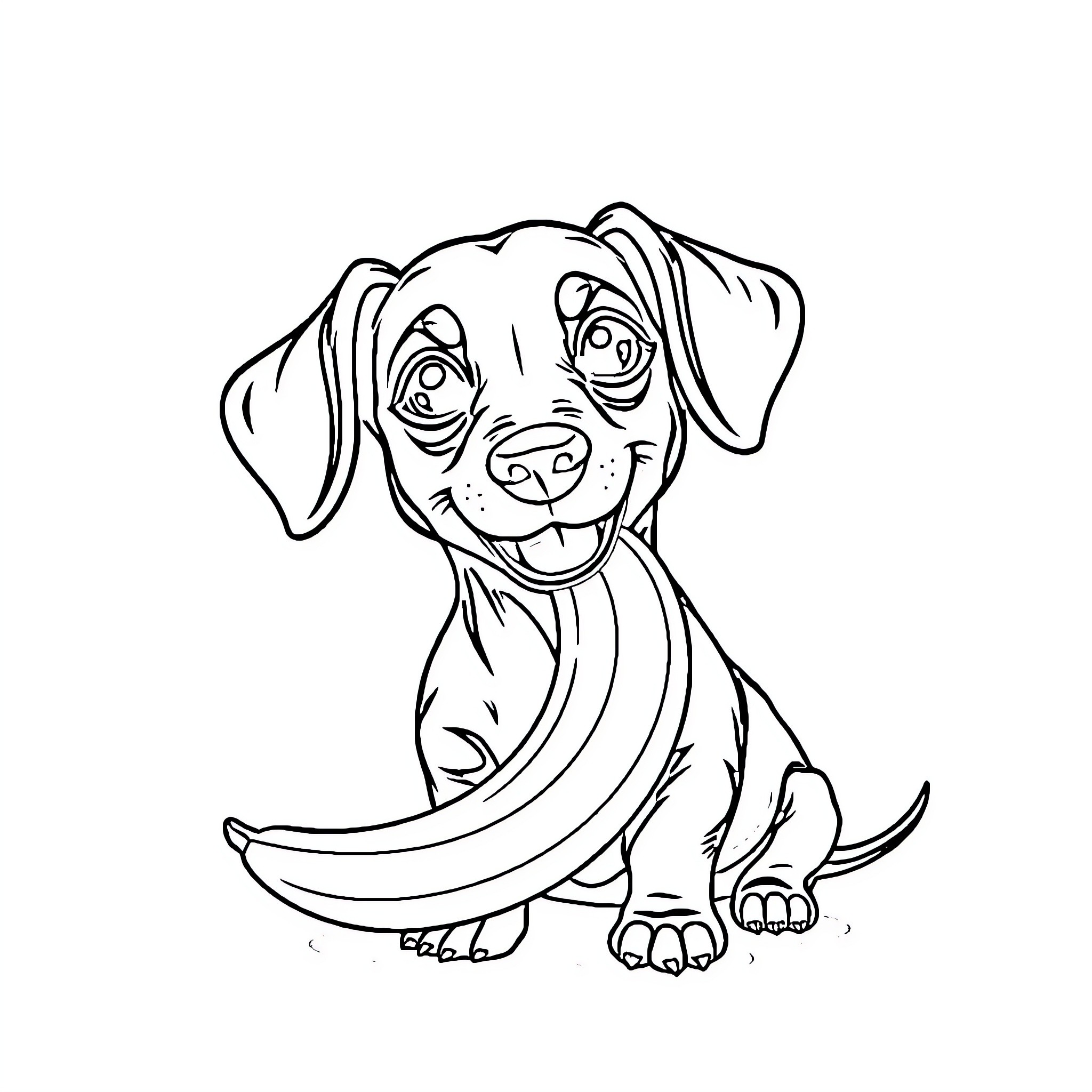 Dachshund sitting and smiling happily Coloring Page (free black-and-white line drawing printable PDF for all, from beginners to advanced learners, including children, teens, adults, and seniors)