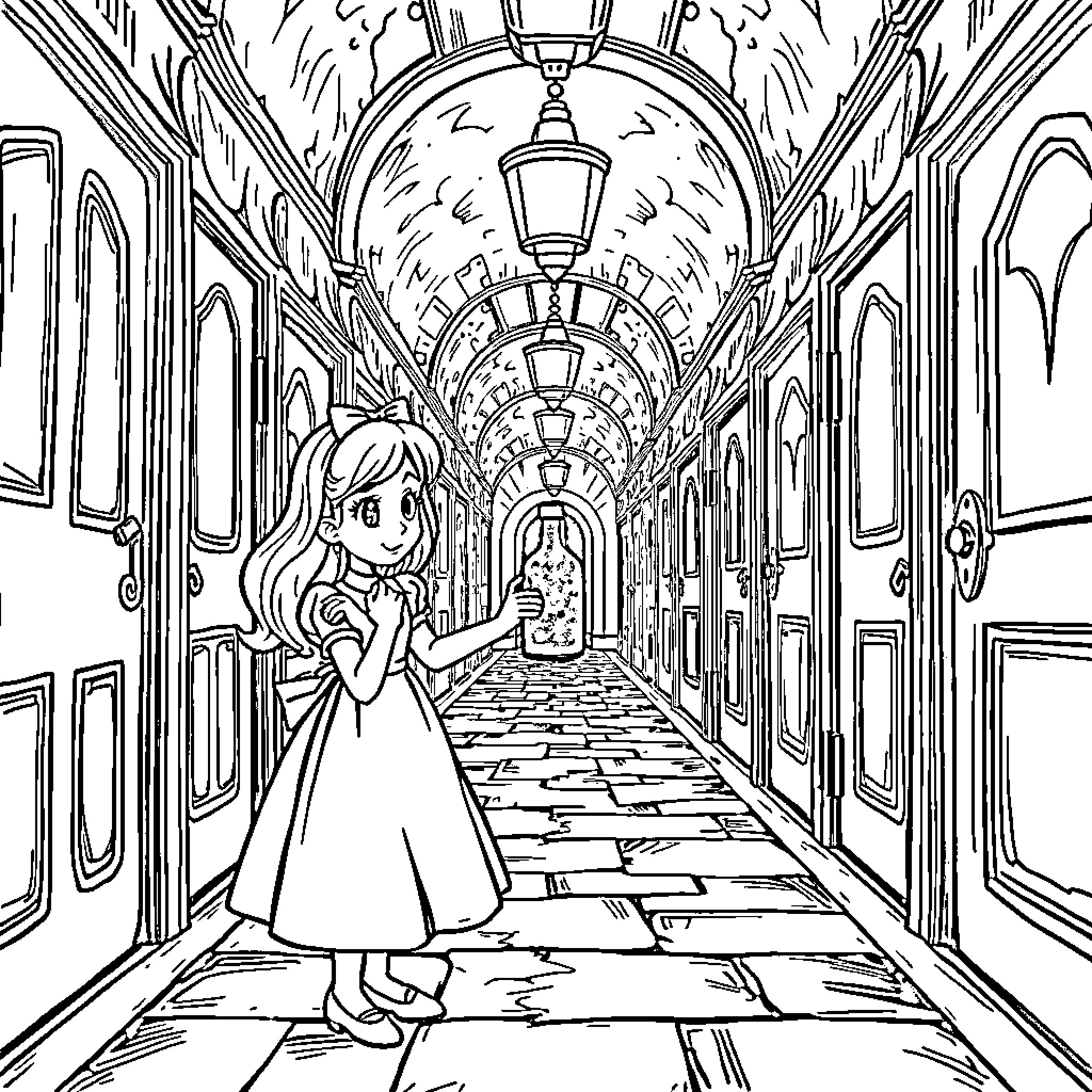 Alice's Enchanting Journey Through an Ornate Hallway Coloring Page (free black-and-white line drawing printable PDF for all, from beginners to advanced learners, including children, teens, adults, and seniors)