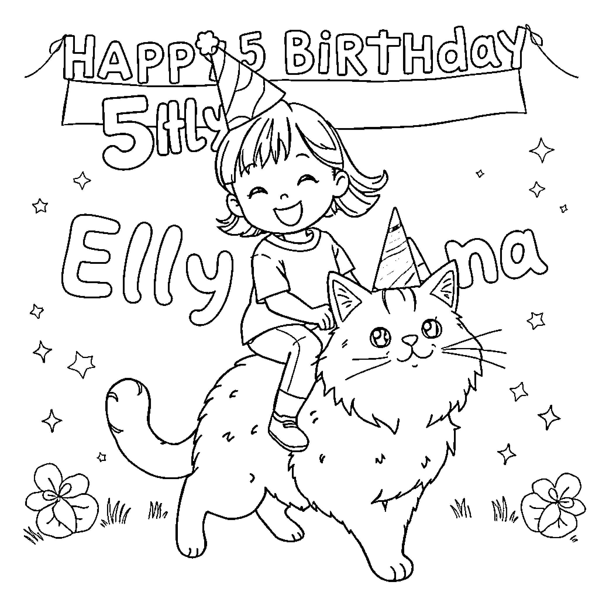 Girl celebrating 5th birthday with pet cat Coloring Page (free black-and-white line drawing printable PDF for all, from beginners to advanced learners, including children, teens, adults, and seniors)