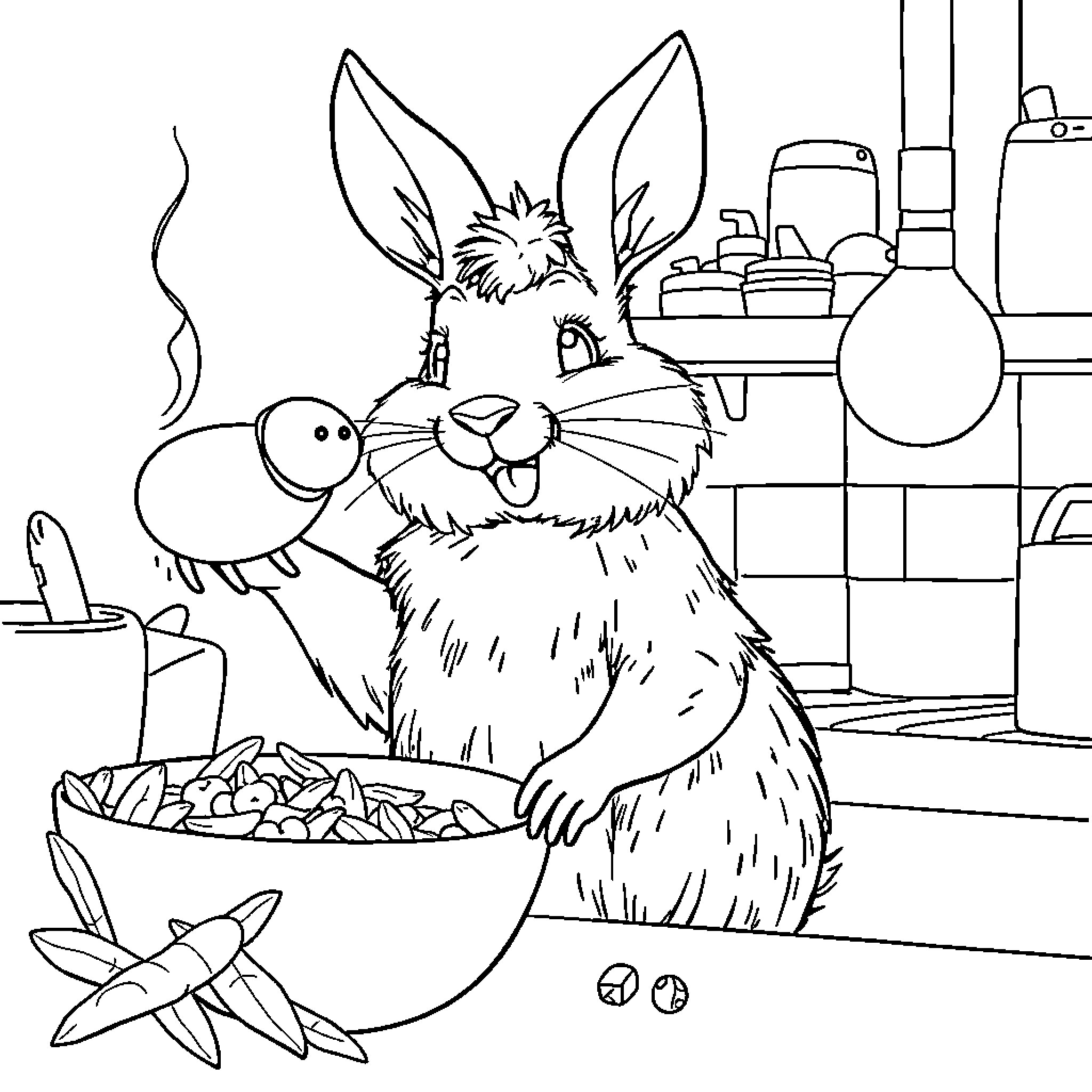 Hase preparing a snack in the kitchen Coloring Page (free black-and-white line drawing printable PDF for all, from beginners to advanced learners, including children, teens, adults, and seniors)