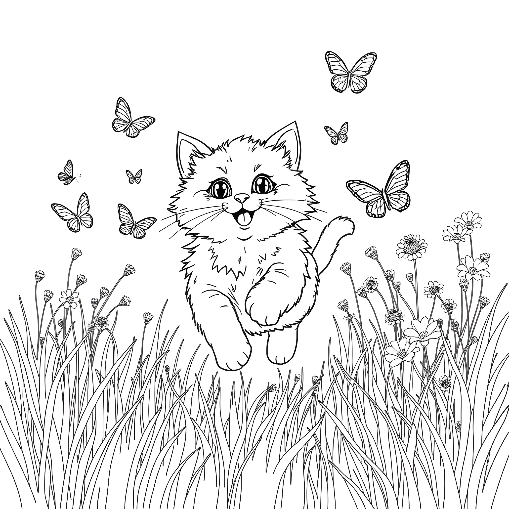 Cat playing with butterflies in a flowery field Coloring Page (free black-and-white line drawing printable PDF for all, from beginners to advanced learners, including children, teens, adults, and seniors)