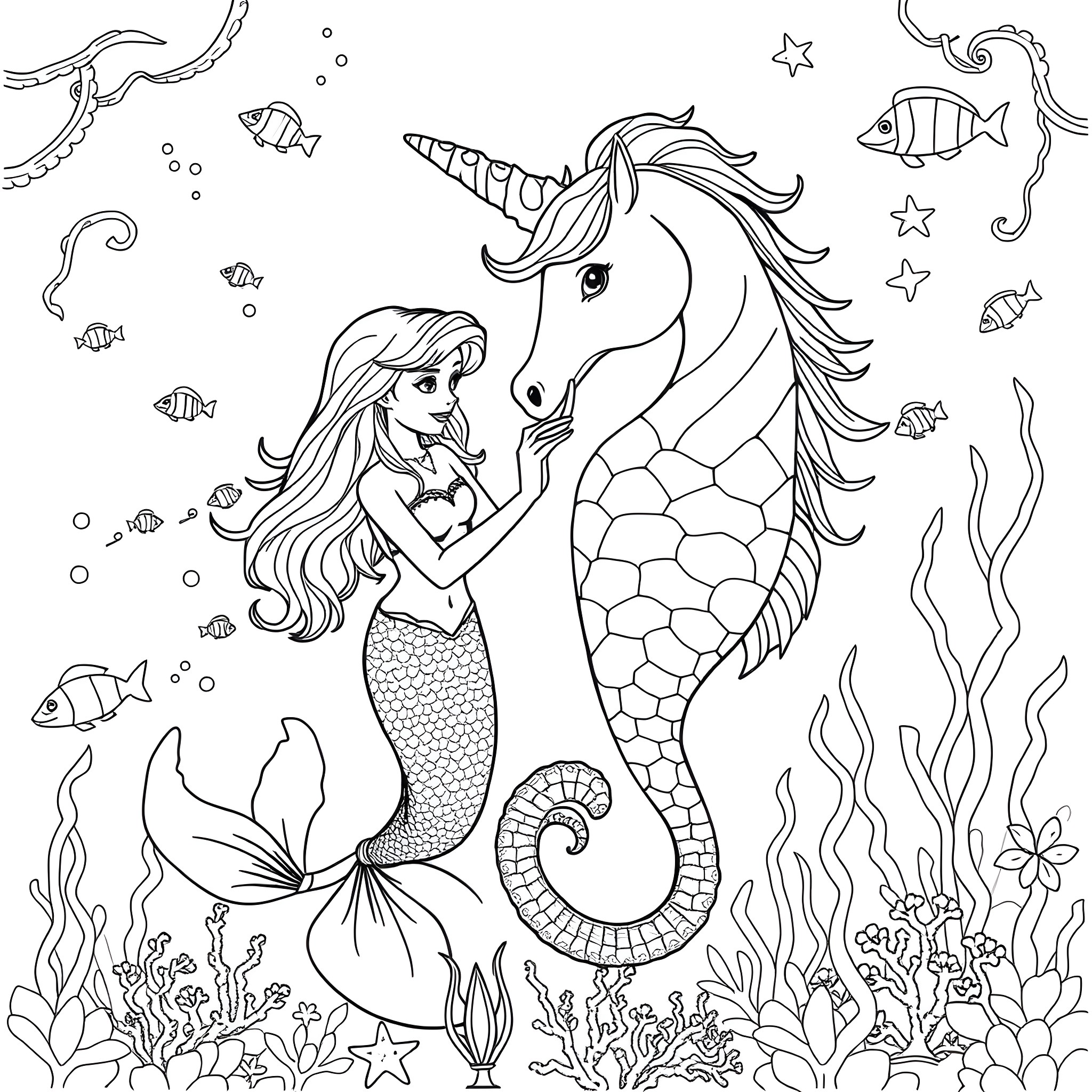 Mermaid interacting with a magical seahorse in the underwater world Coloring Page (free black-and-white line drawing printable PDF for all, from beginners to advanced learners, including children, teens, adults, and seniors)