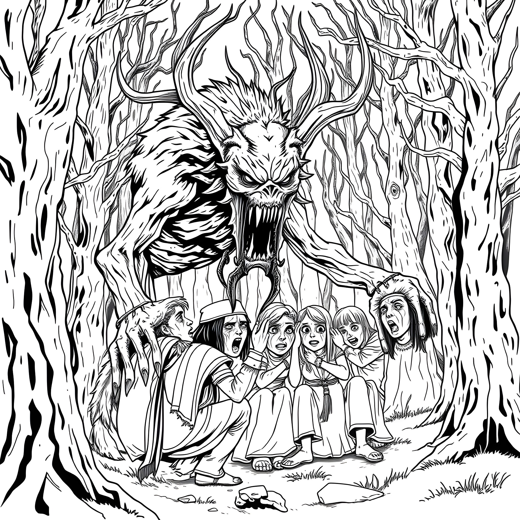 Wendigo stalking terrified group in eerie forest Coloring Page (free black-and-white line drawing printable PDF for all, from beginners to advanced learners, including children, teens, adults, and seniors)