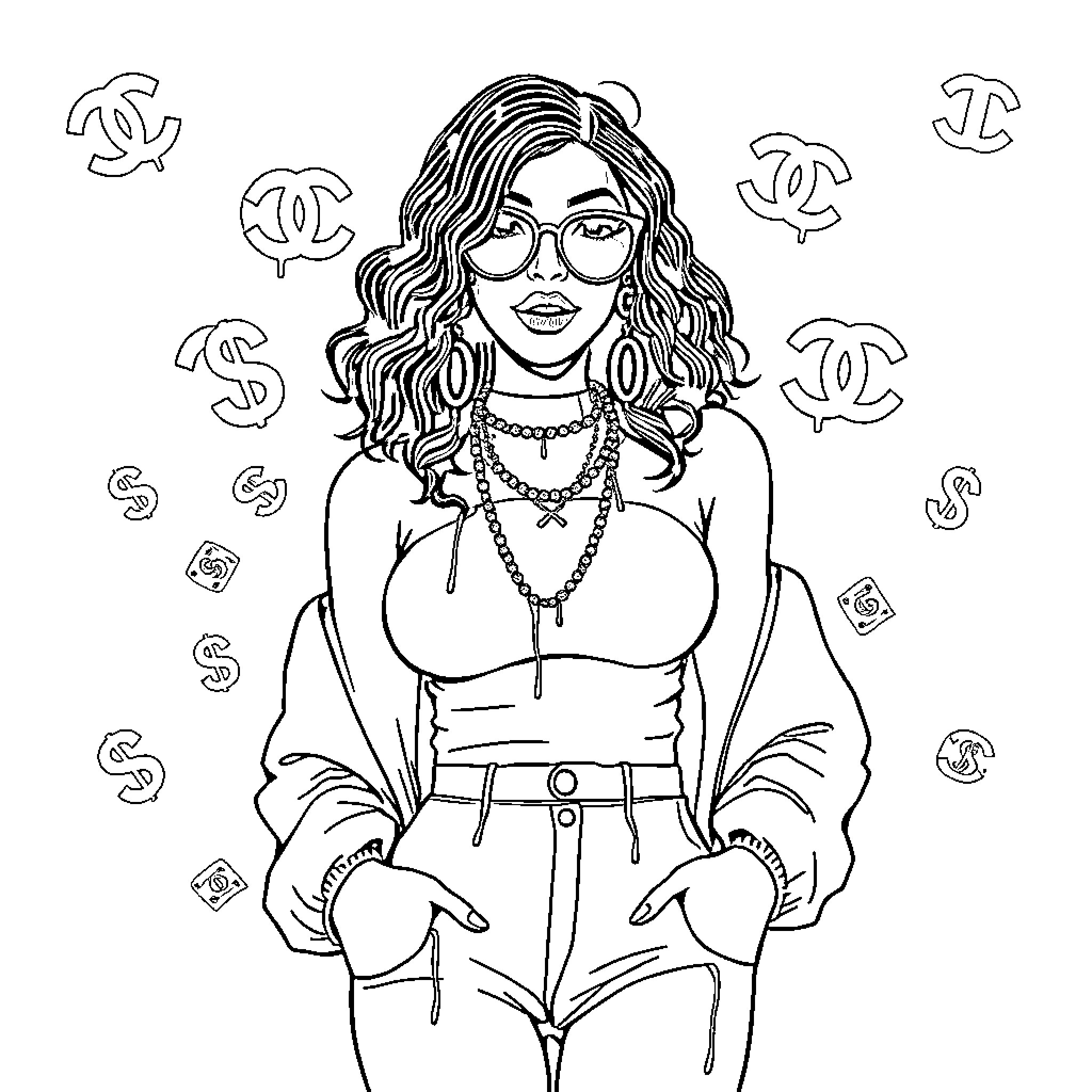 BriiSkii's Confident Woman with Glamorous Accessories Coloring Page (free black-and-white line drawing printable PDF for all, from beginners to advanced learners, including children, teens, adults, and seniors)