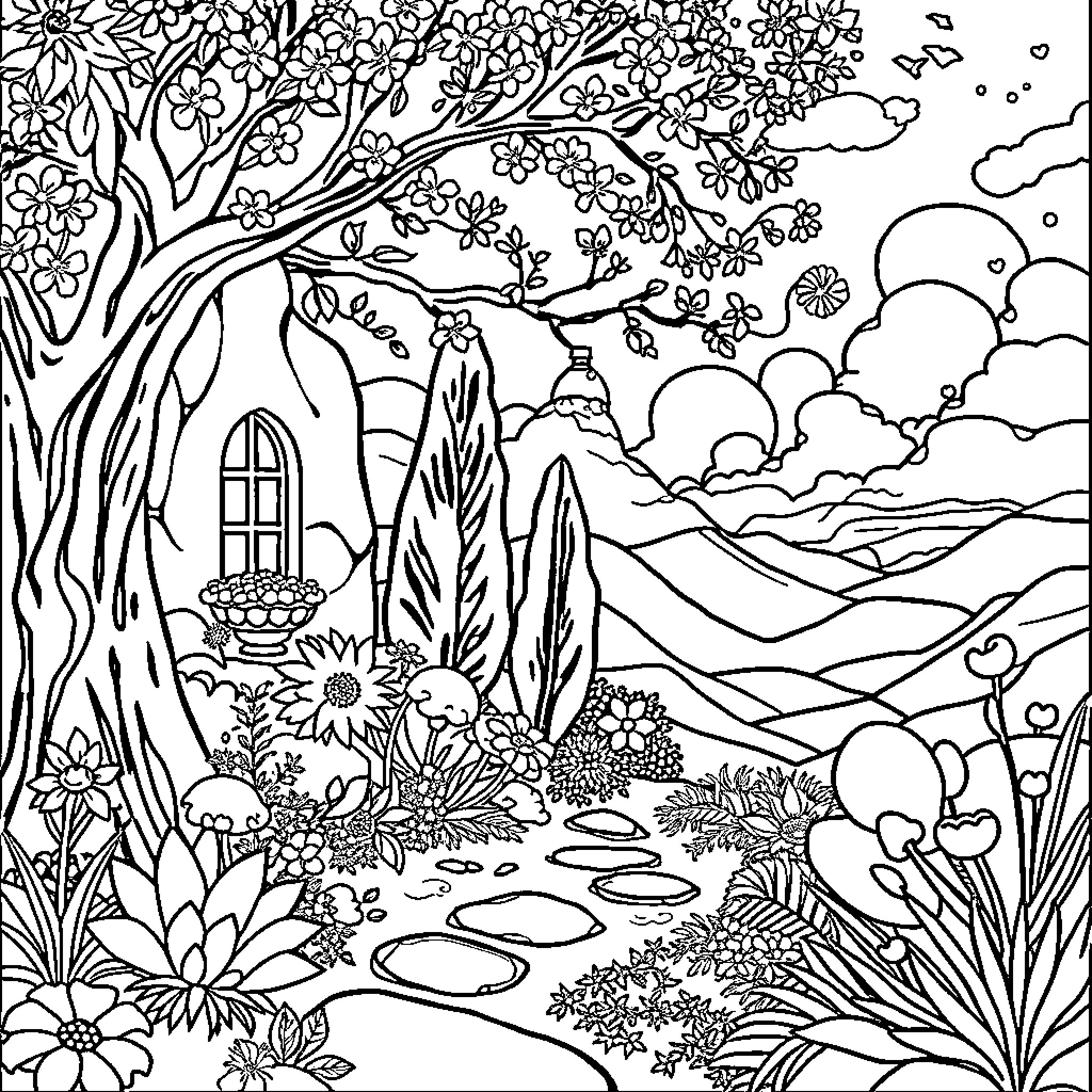 Aesthetic Floral Landscape with Whimsical Elements Coloring Page (free black-and-white line drawing printable PDF for all, from beginners to advanced learners, including children, teens, adults, and seniors)