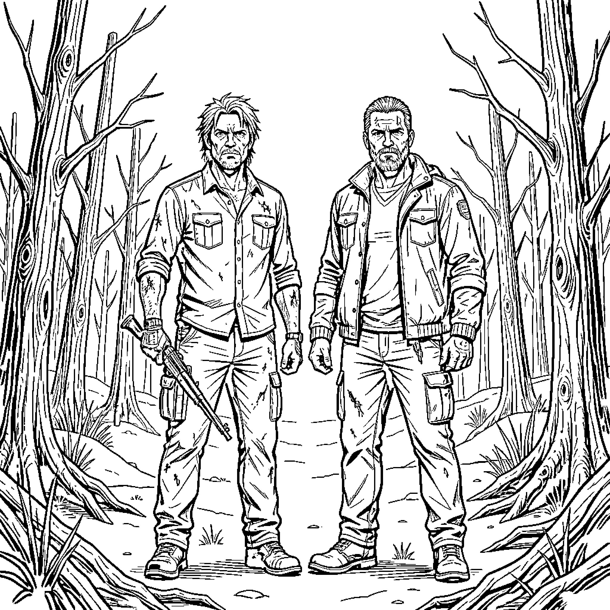 Rick and Daryl's Rugged Adventure in the Woods Coloring Page (free black-and-white line drawing printable PDF for all, from beginners to advanced learners, including children, teens, adults, and seniors)
