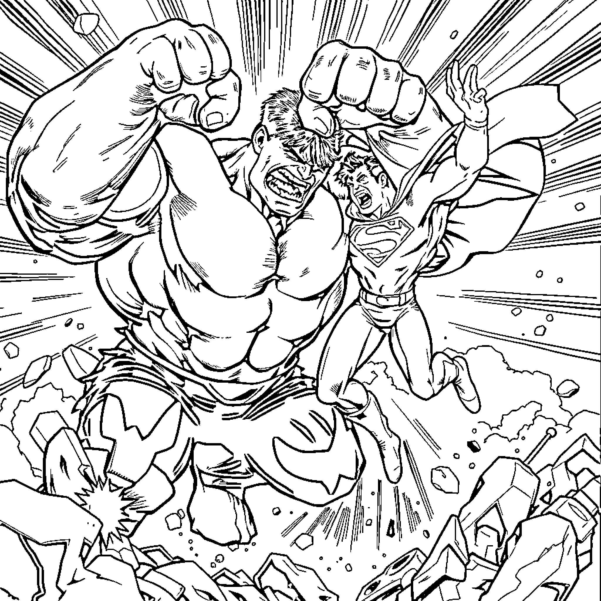 Hulk punching through the scene with might Coloring Page (free black-and-white line drawing printable PDF for all, from beginners to advanced learners, including children, teens, adults, and seniors)