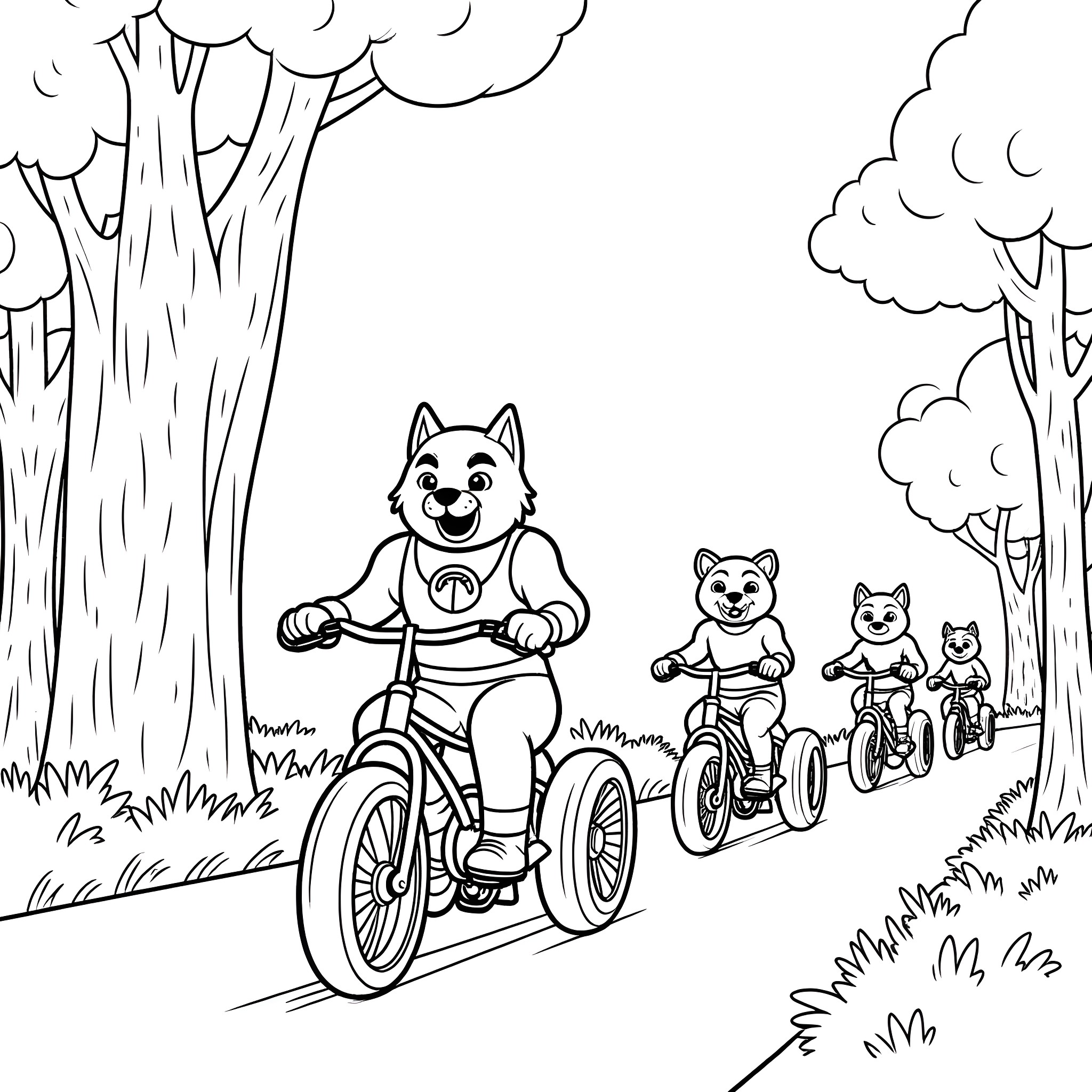 Thundercats on bicycles in the forest Coloring Page (free black-and-white line drawing printable PDF for all, from beginners to advanced learners, including children, teens, adults, and seniors)