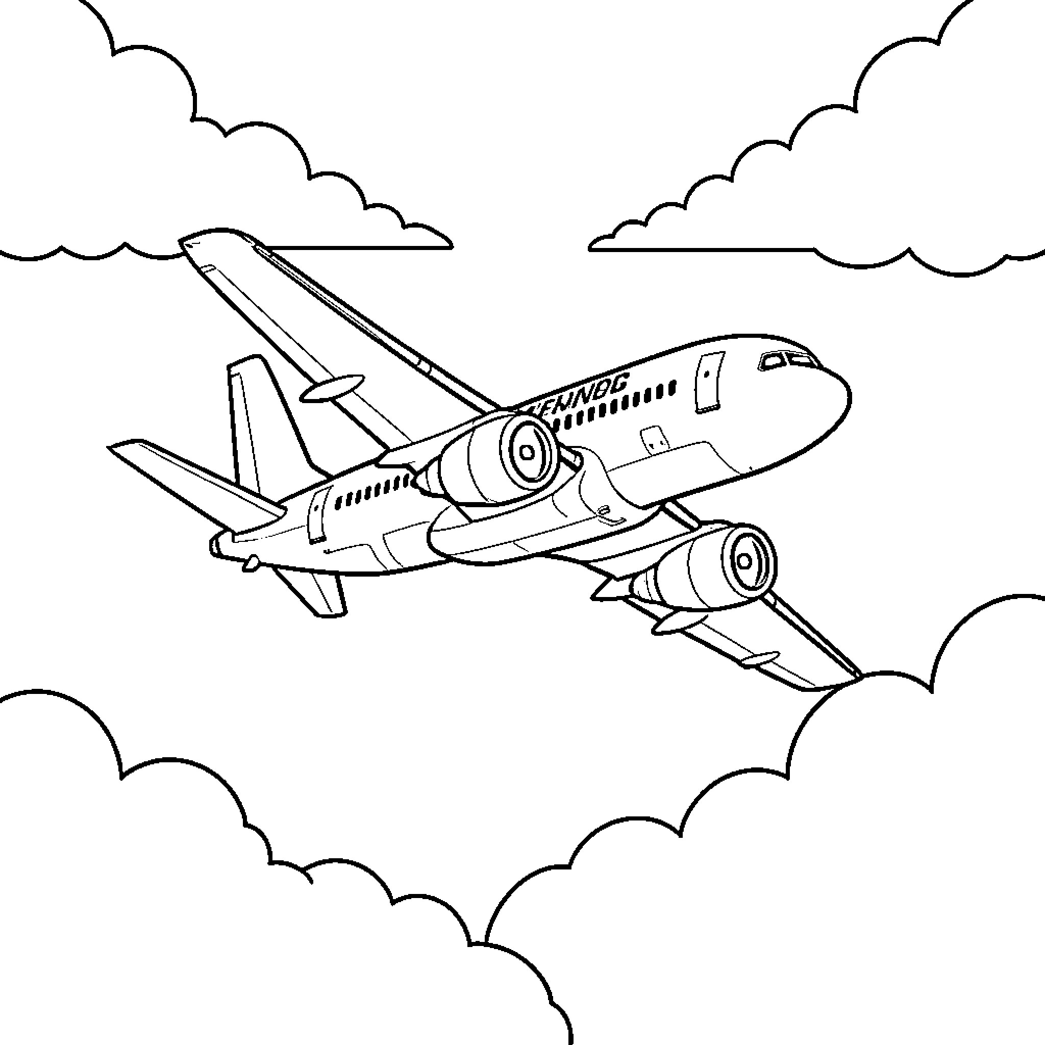 Airplane flying high through fluffy white clouds Coloring Page (free black-and-white line drawing printable PDF for all, from beginners to advanced learners, including children, teens, adults, and seniors)