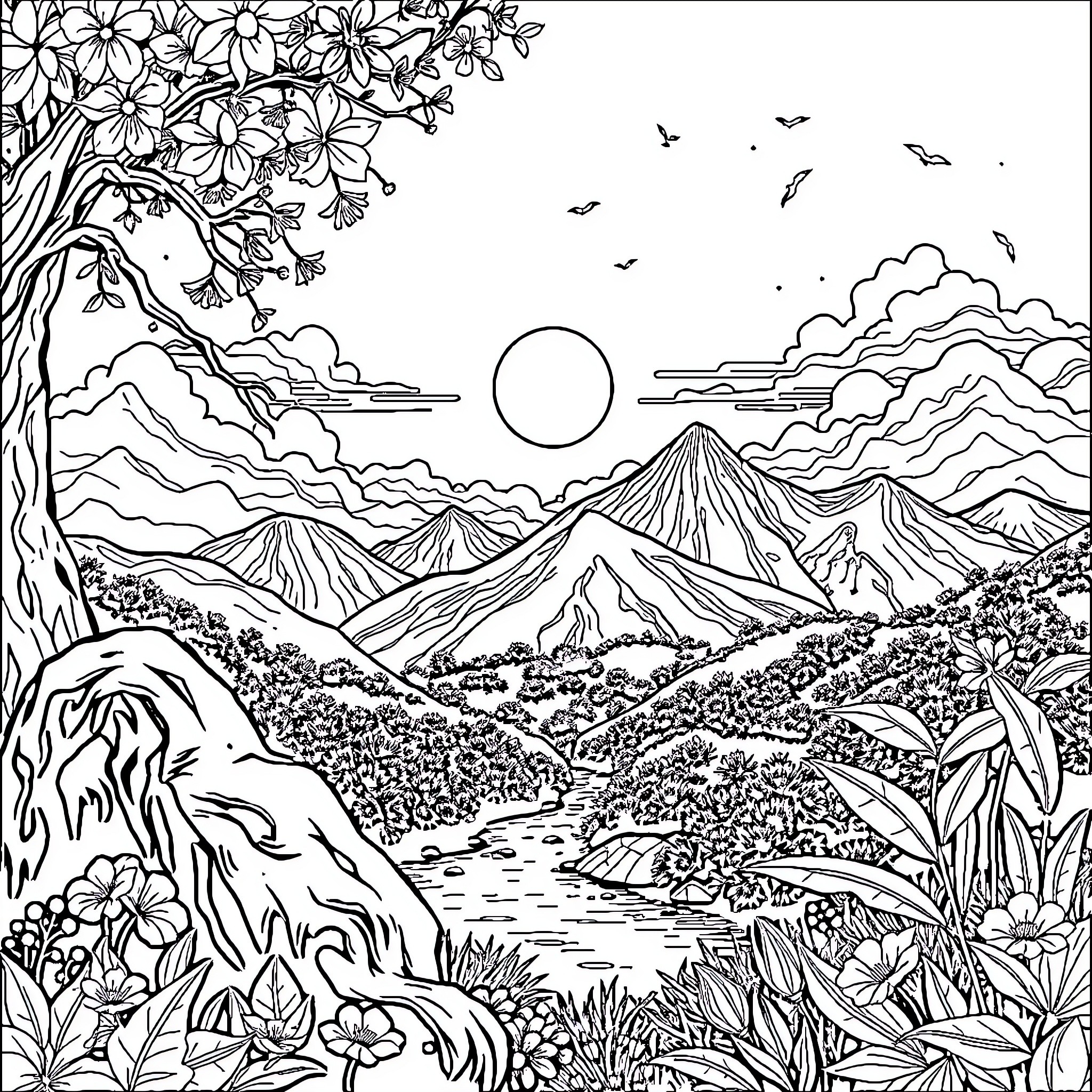 Tree with Flowers Overlooking Mountainous Landscape Coloring Page (free black-and-white line drawing printable PDF for all, from beginners to advanced learners, including children, teens, adults, and seniors)