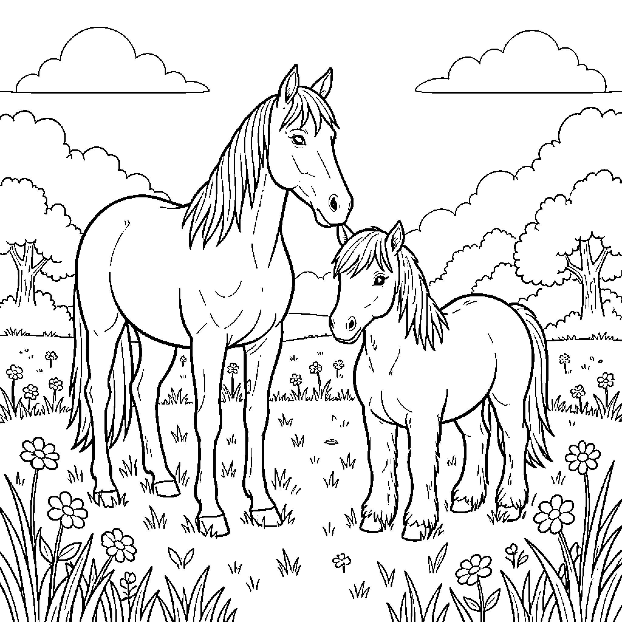 Horse standing peacefully with a small foal in nature Coloring Page (free black-and-white line drawing printable PDF for all, from beginners to advanced learners, including children, teens, adults, and seniors)