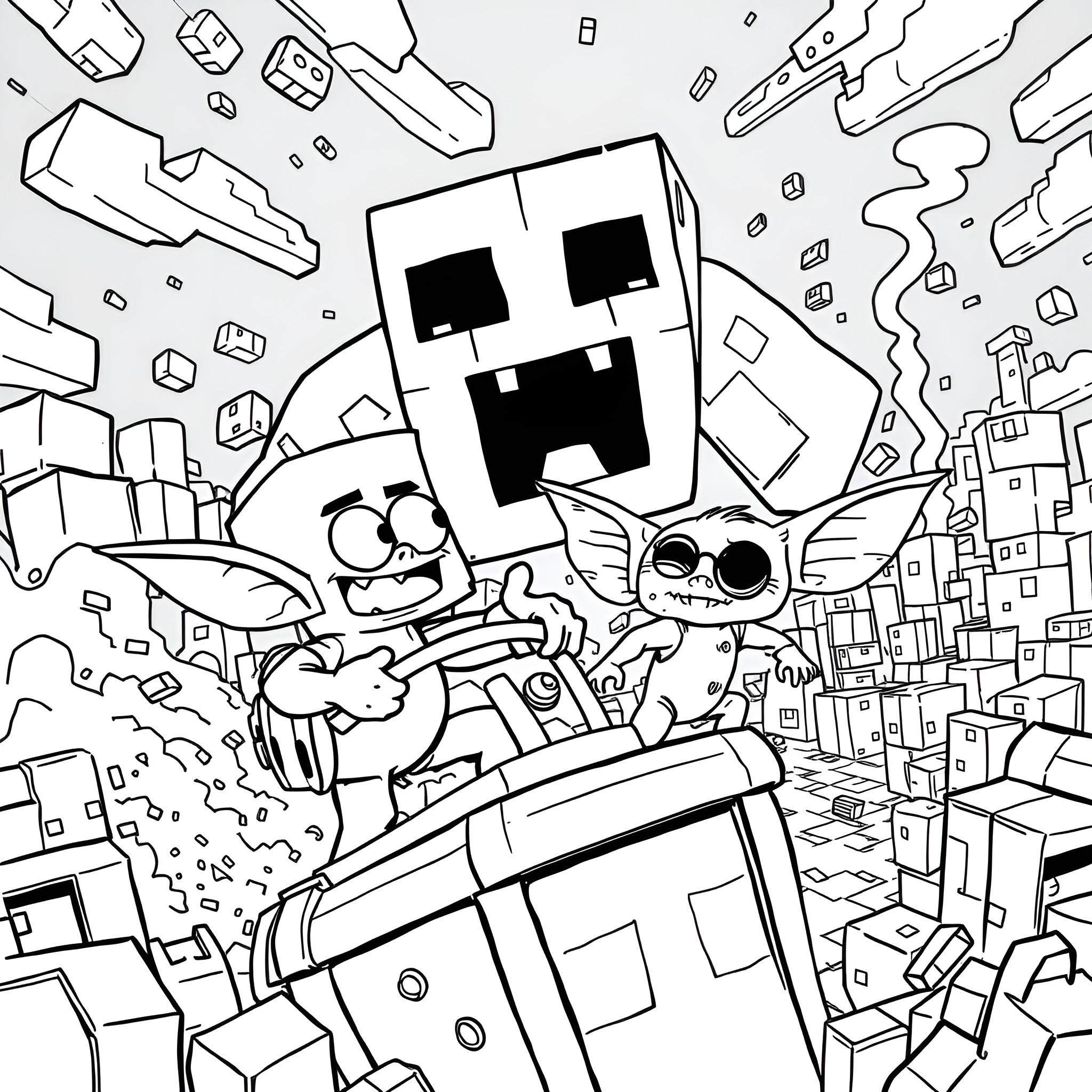 Plankton exploring the blocky digital world Coloring Page (free black-and-white line drawing printable PDF for all, from beginners to advanced learners, including children, teens, adults, and seniors)