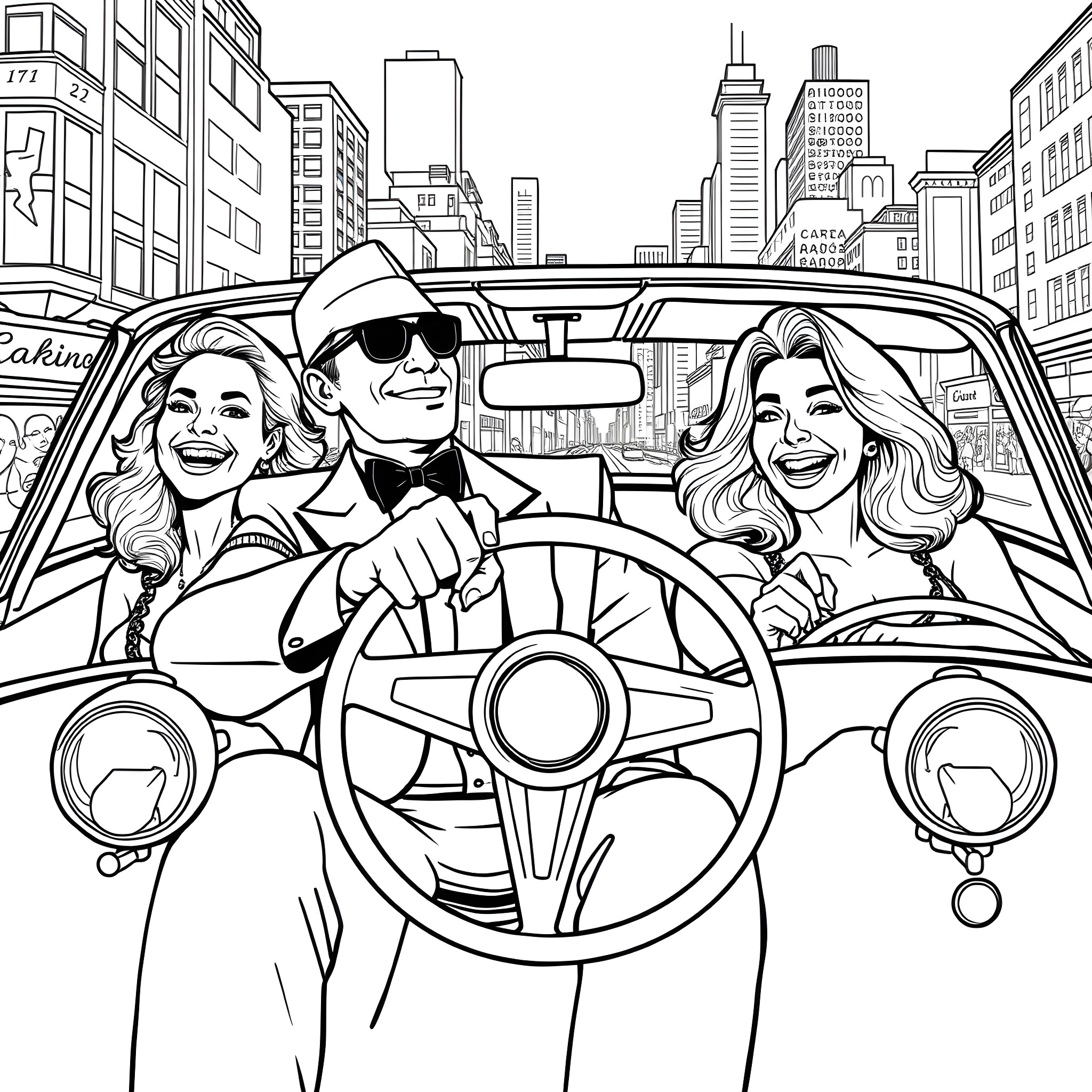 Gangsters enjoying a joyride through the city Coloring Page (free black-and-white line drawing printable PDF for all, from beginners to advanced learners, including children, teens, adults, and seniors)