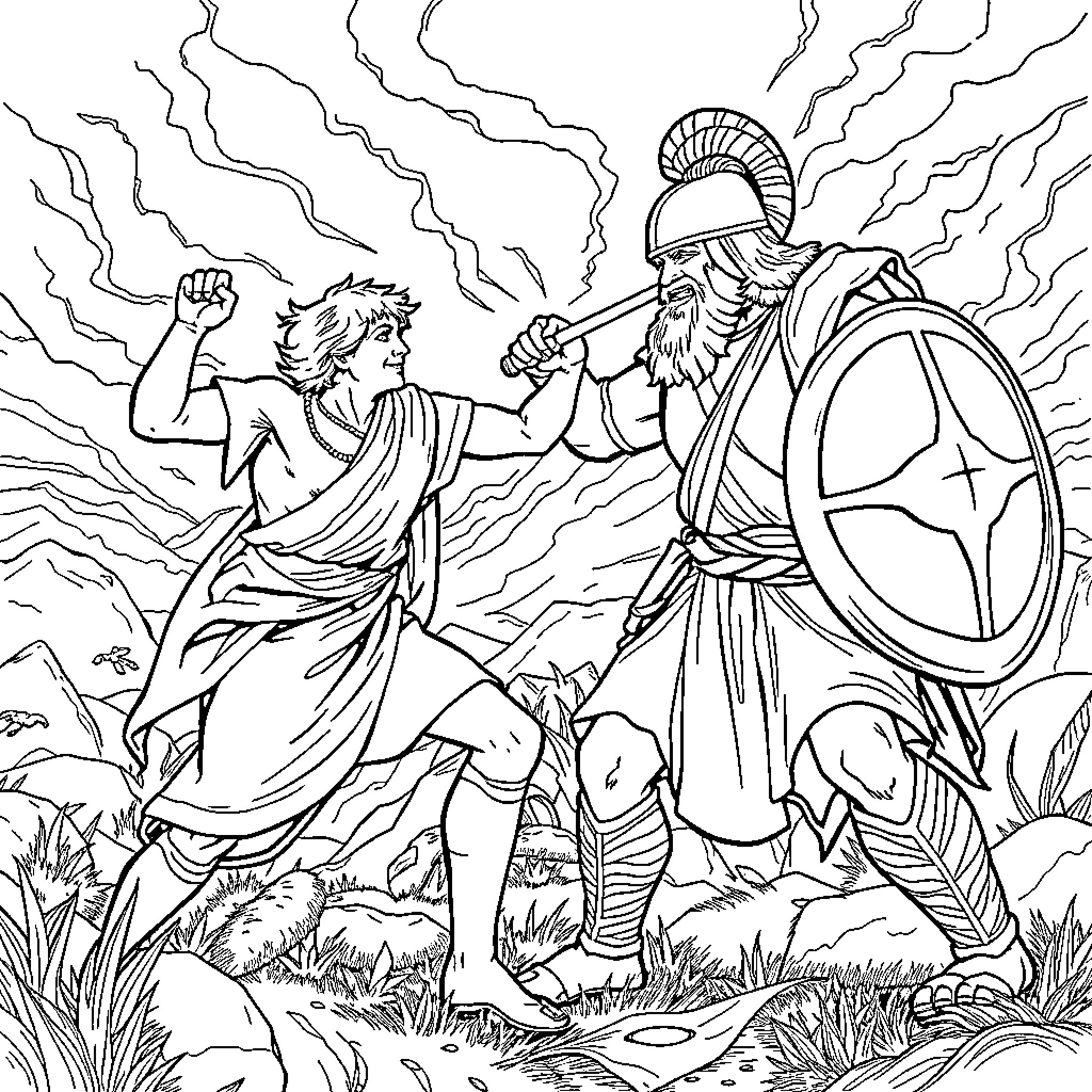 David's Encounter with the Mighty Warrior Coloring Page (free black-and-white line drawing printable PDF for all, from beginners to advanced learners, including children, teens, adults, and seniors)