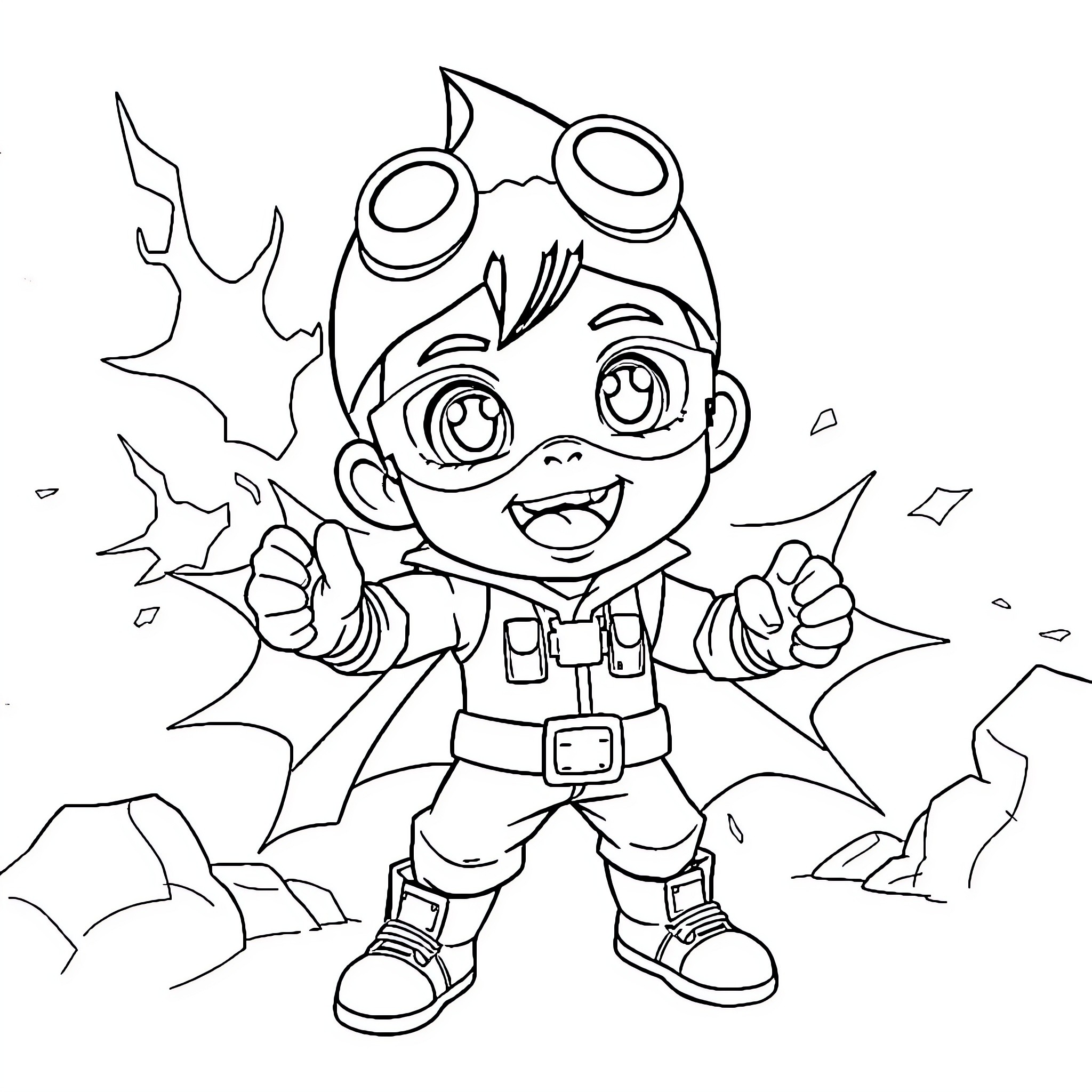 Boboiboy exploring adventures in a vibrant landscape Coloring Page (free black-and-white line drawing printable PDF for all, from beginners to advanced learners, including children, teens, adults, and seniors)
