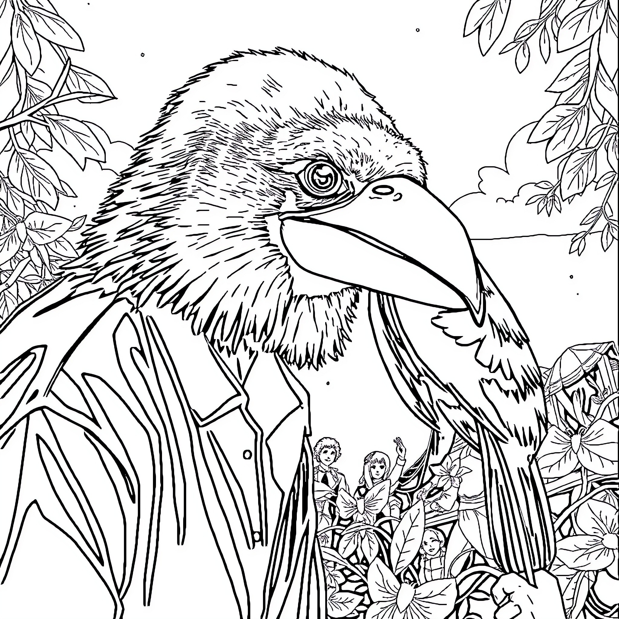 Man with large bird in lush forest setting Coloring Page (free black-and-white line drawing printable PDF for all, from beginners to advanced learners, including children, teens, adults, and seniors)