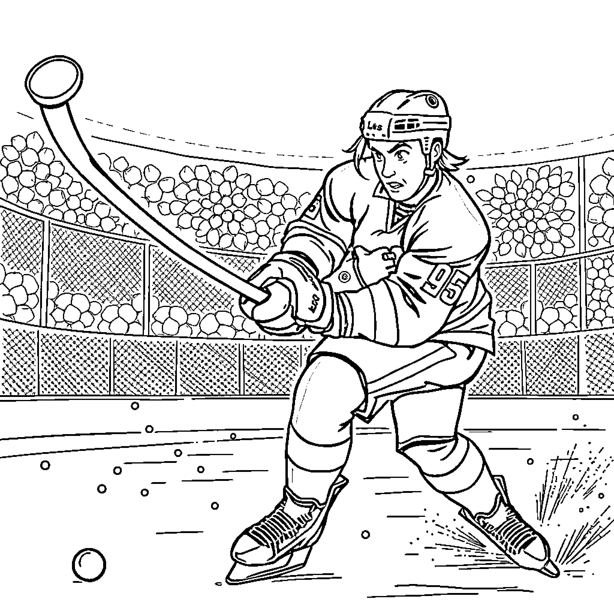 Hockey Player Shooting the Puck on the Ice Rink Coloring Page (free black-and-white line drawing printable PDF for all, from beginners to advanced learners, including children, teens, adults, and seniors)
