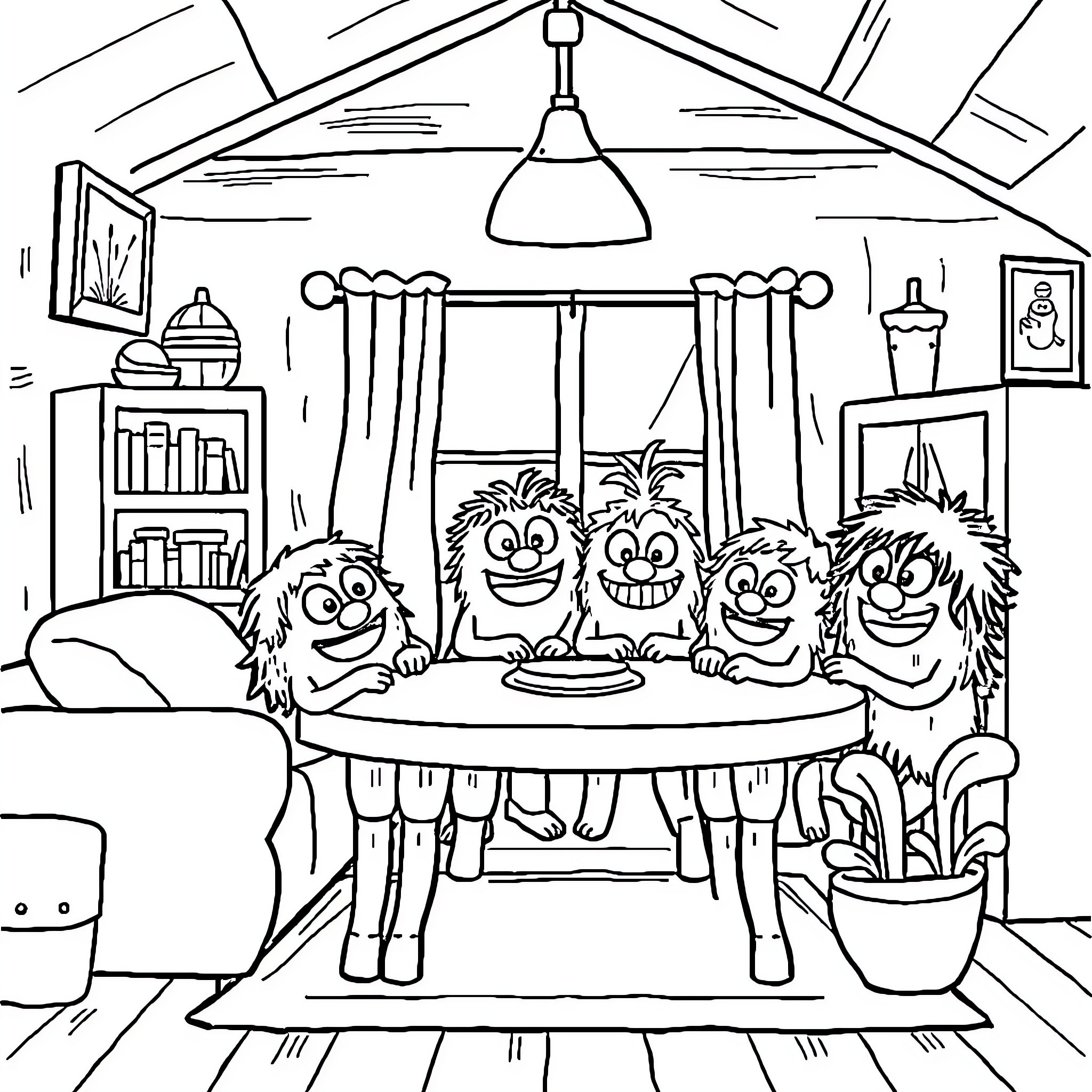 Momonster family enjoying a cozy home together Coloring Page (free black-and-white line drawing printable PDF for all, from beginners to advanced learners, including children, teens, adults, and seniors)