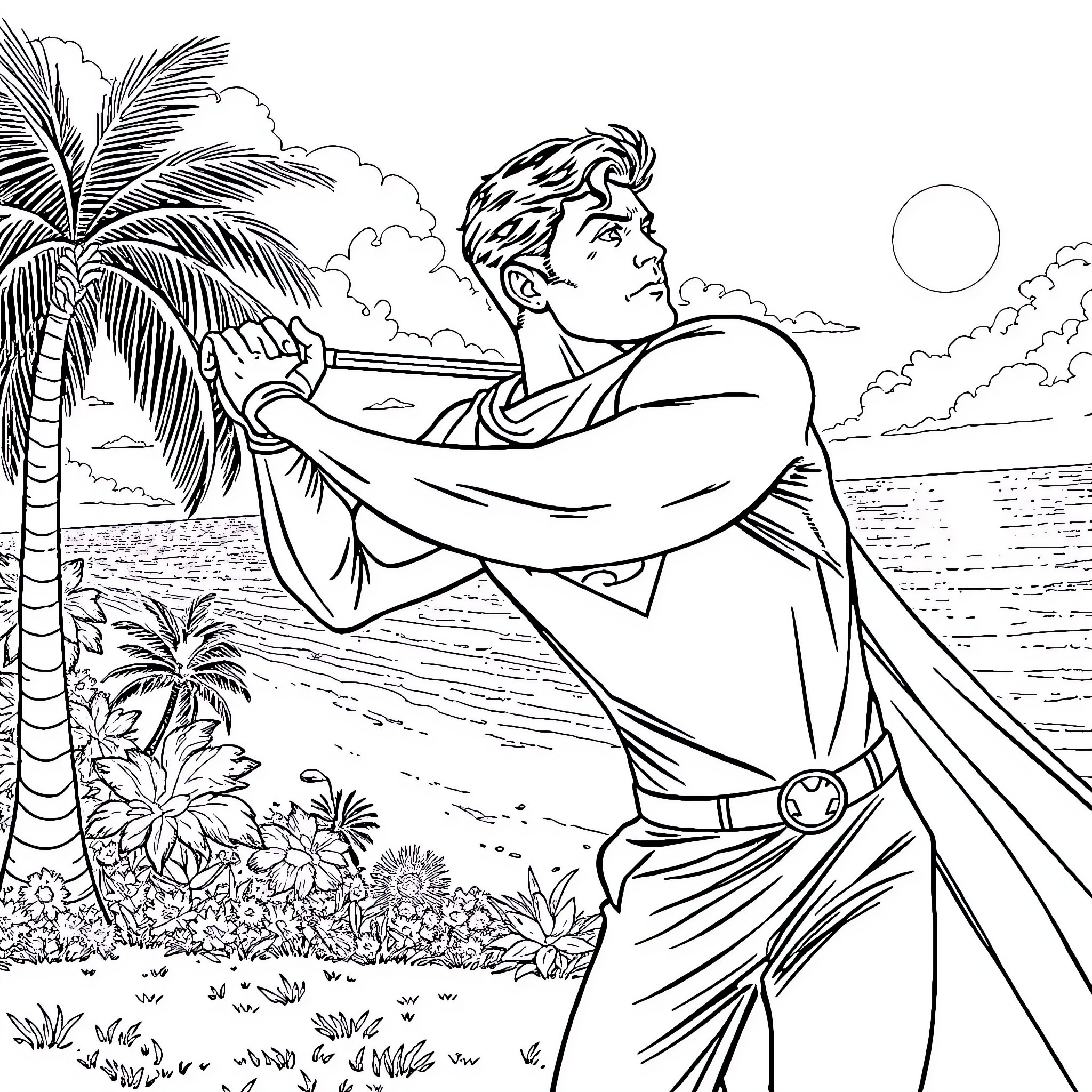 Superman surveying a tropical paradise Coloring Page (free black-and-white line drawing printable PDF for all, from beginners to advanced learners, including children, teens, adults, and seniors)