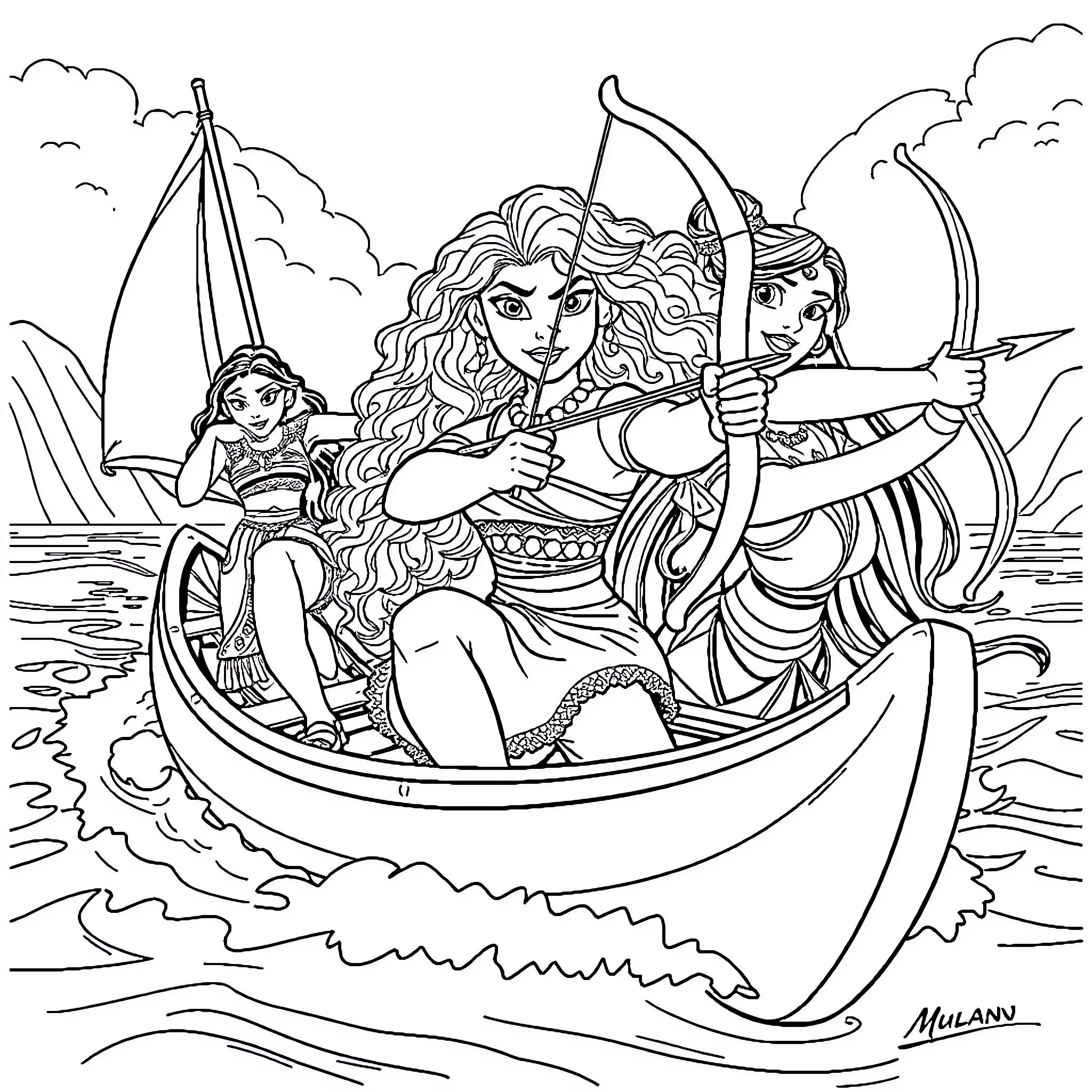 Princess and her companions sail across the sea Coloring Page (free black-and-white line drawing printable PDF for all, from beginners to advanced learners, including children, teens, adults, and seniors)