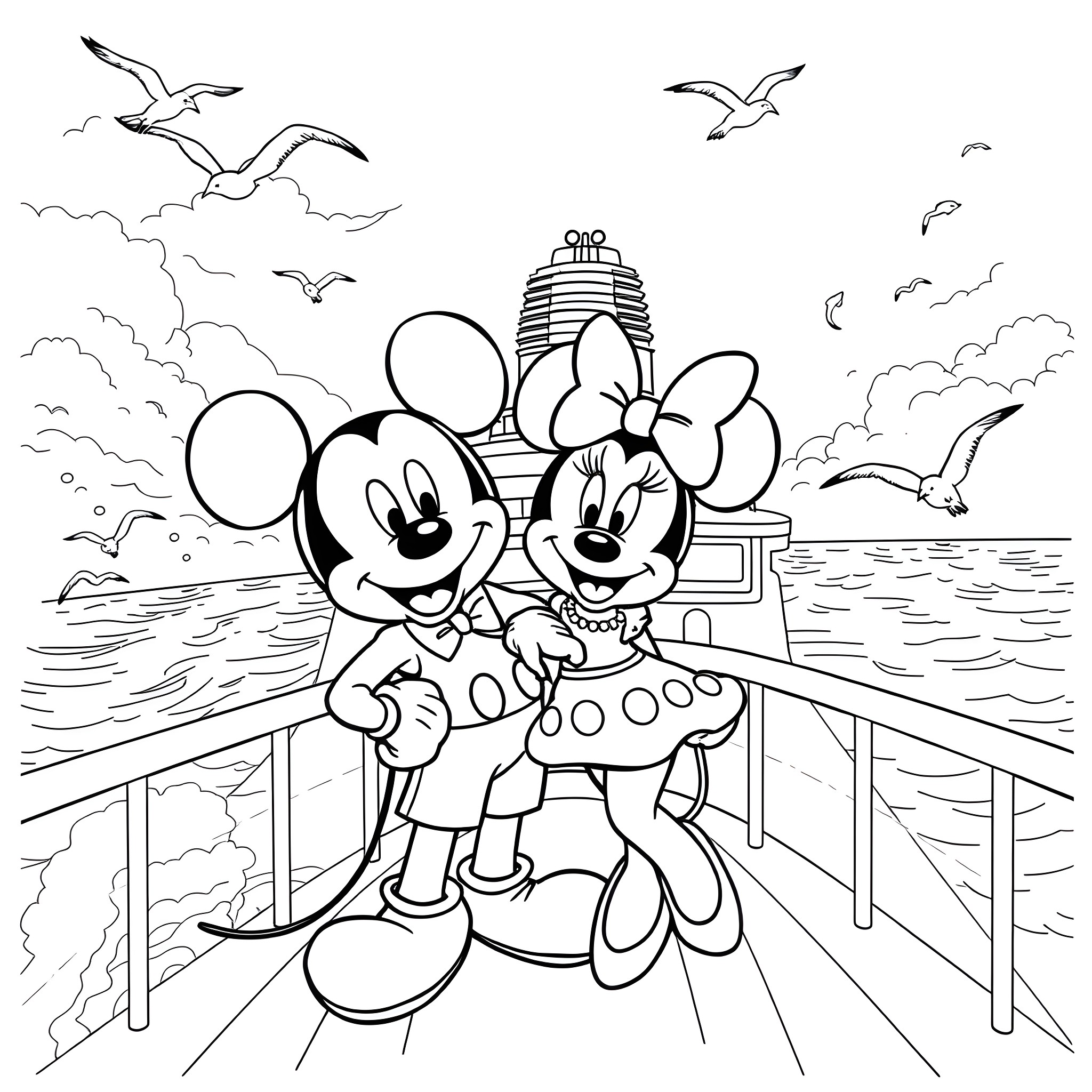 Mickey Mouse and Minnie Mouse on a Pier Coloring Page (free black-and-white line drawing printable PDF for all, from beginners to advanced learners, including children, teens, adults, and seniors)